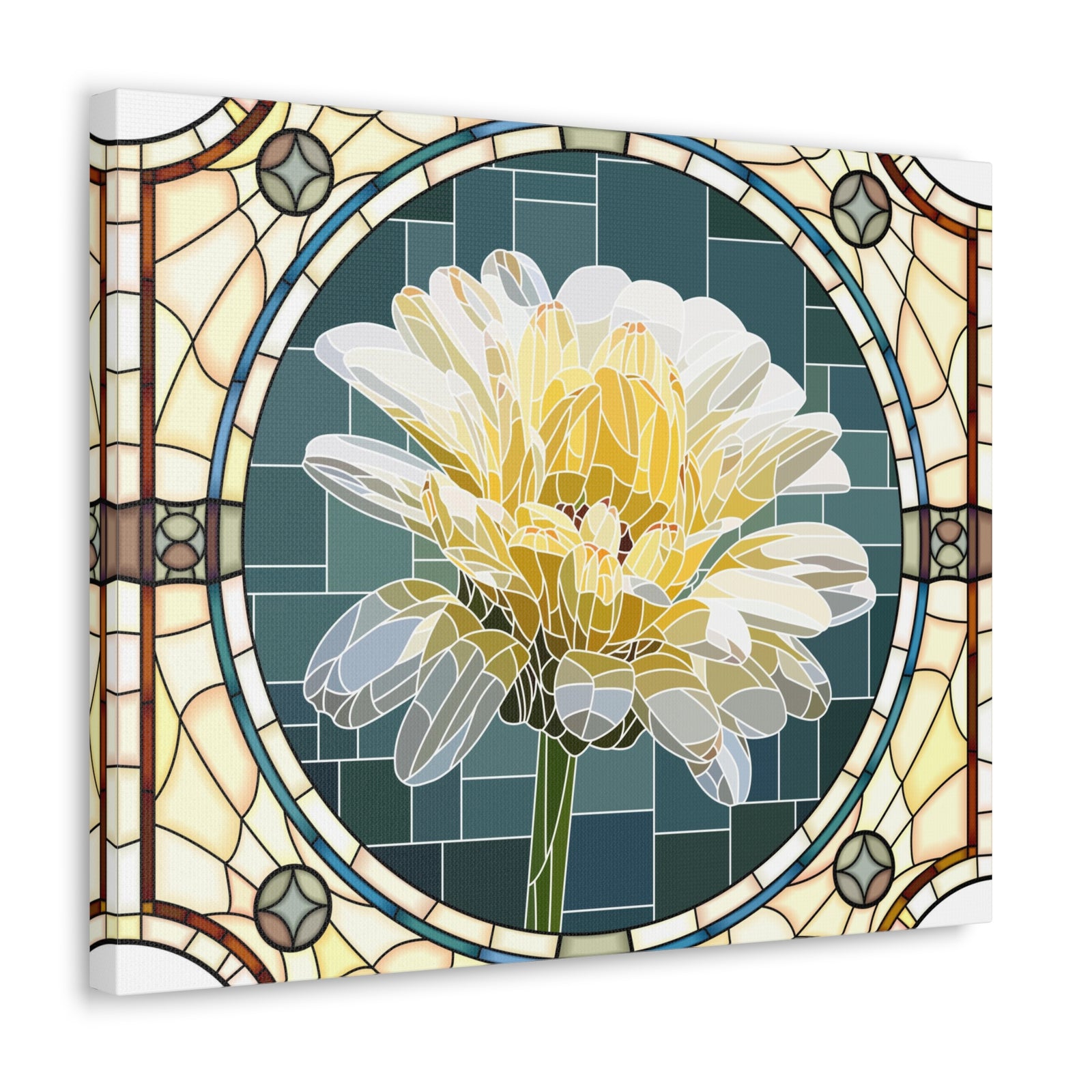 White Calendula Flower Mosaic In Stained Glass Canvas Wall Art for Home Decor Ready-to-Hang-Express Your Love Gifts