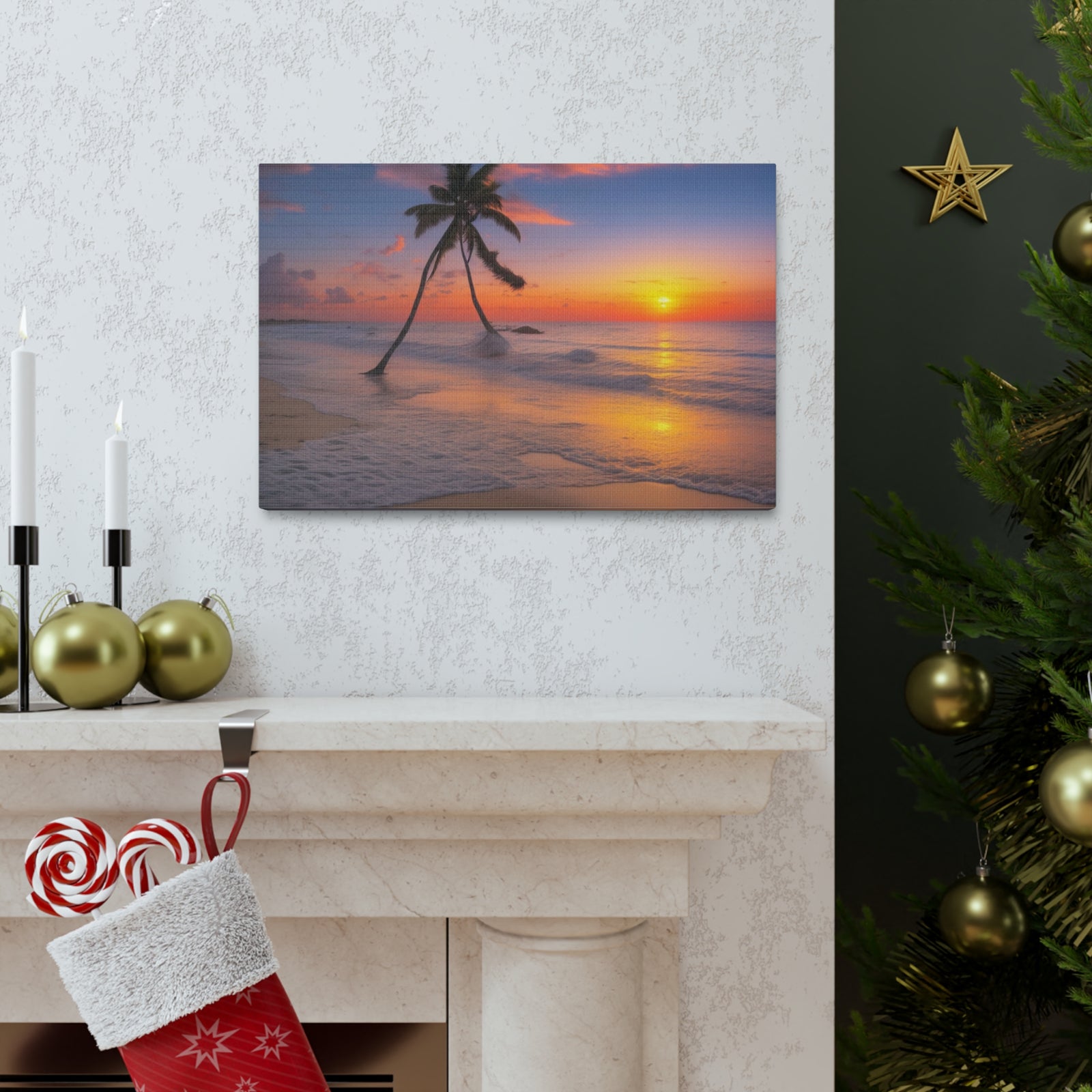 Sunset Beach With Palm Trees Ocean Canvas Wall Art for Home Decor Ready-to-Hang-Express Your Love Gifts