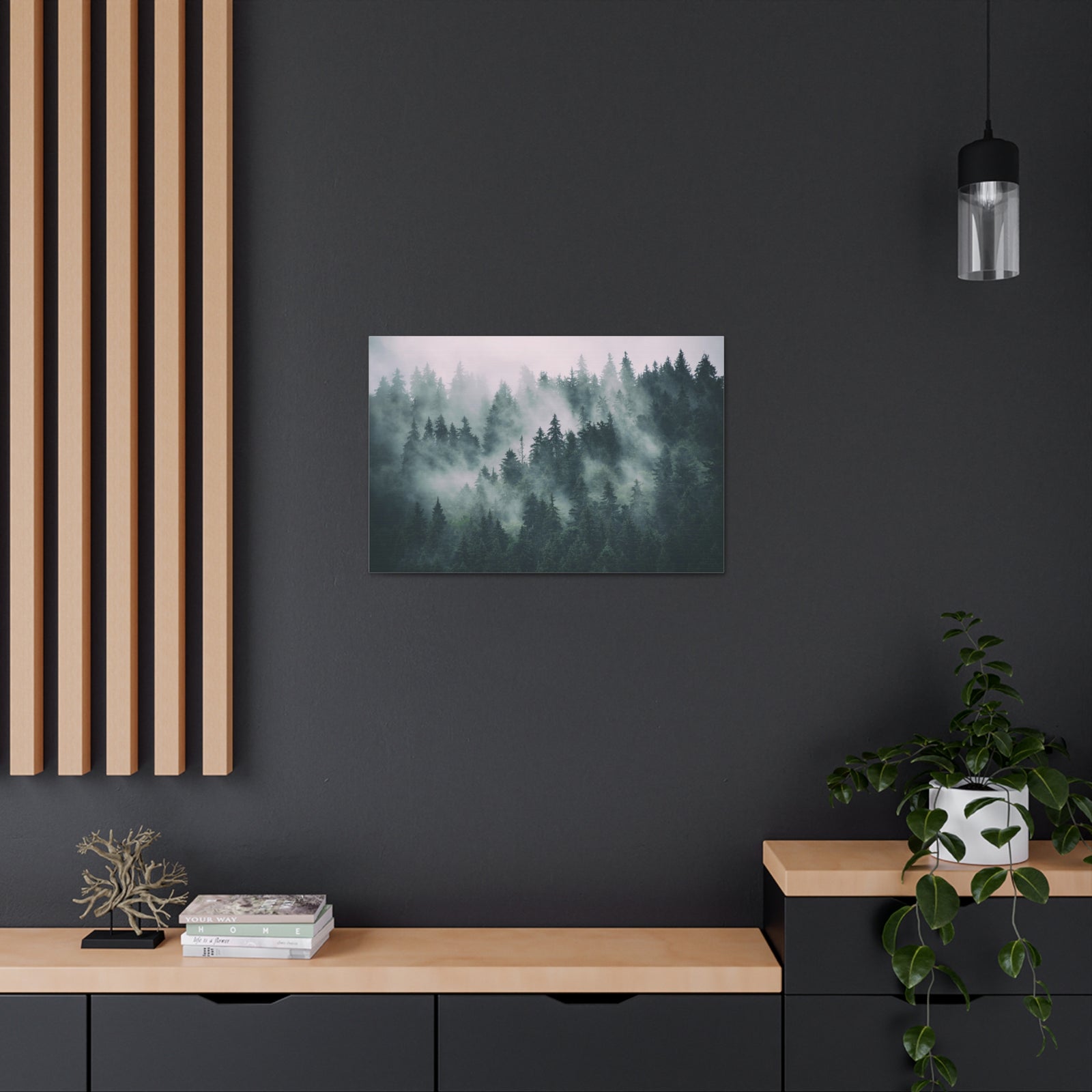 Misty Green Forest Pine Tree Nature Wilderness Photography Canvas Wall Art for Home Decor Ready-to-Hang-Express Your Love Gifts