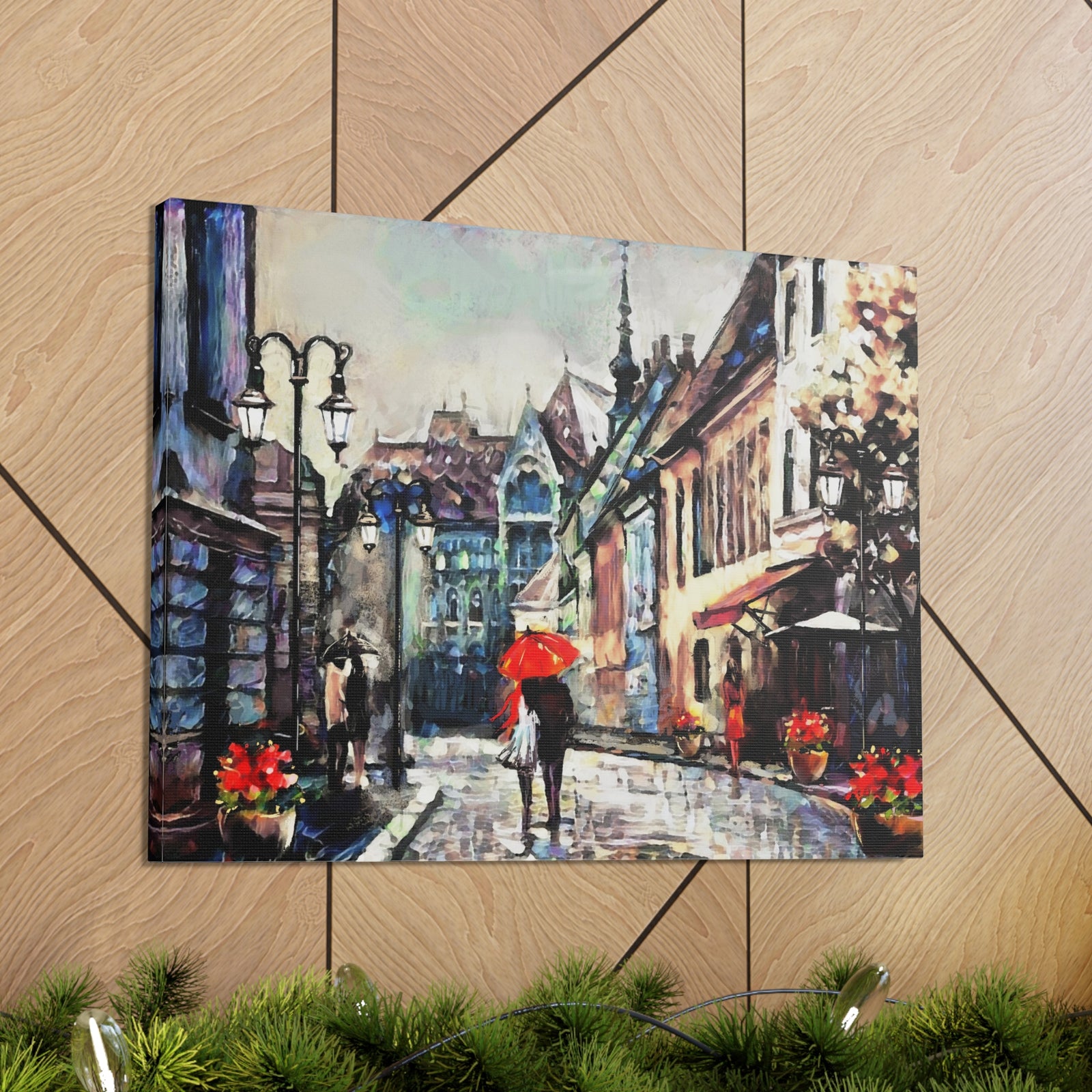 Paris Street View Couple With Red Umbrella France Canvas Artwork High-Quality Breathtaking French City for Home Decor Ready to Hang-Express Your Love Gifts