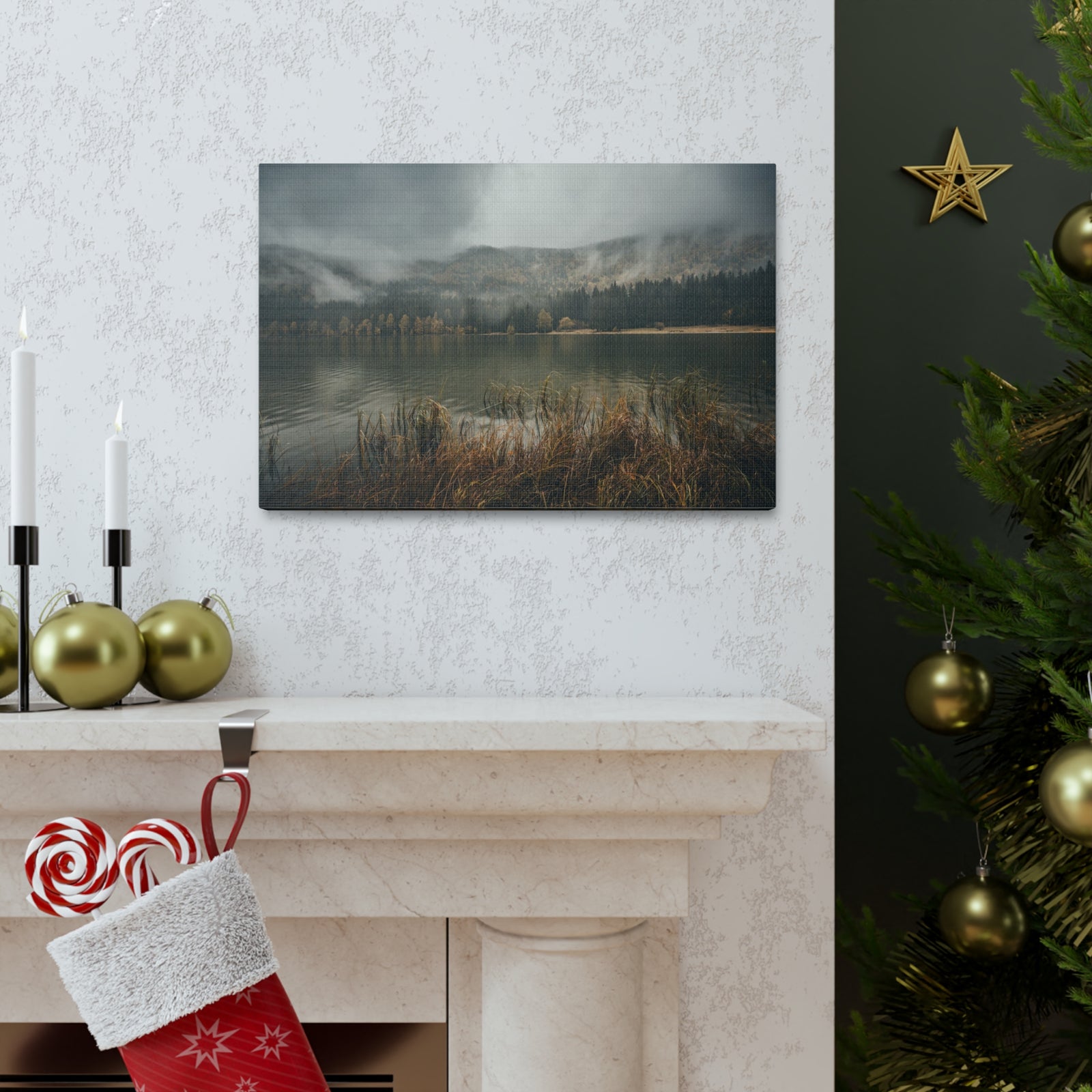 Misty Mountain Lake Reflection Nature Wilderness Photography Canvas Wall Art for Home Decor Ready-to-Hang-Express Your Love Gifts