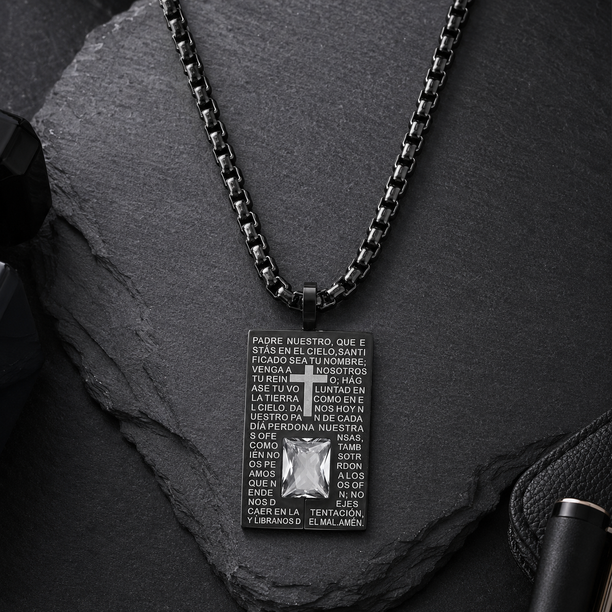 Padre Nuestro Our Father Dog Tag Necklace 18K Gold Black IP 24" Stainless Steel-Express Your Love Gifts