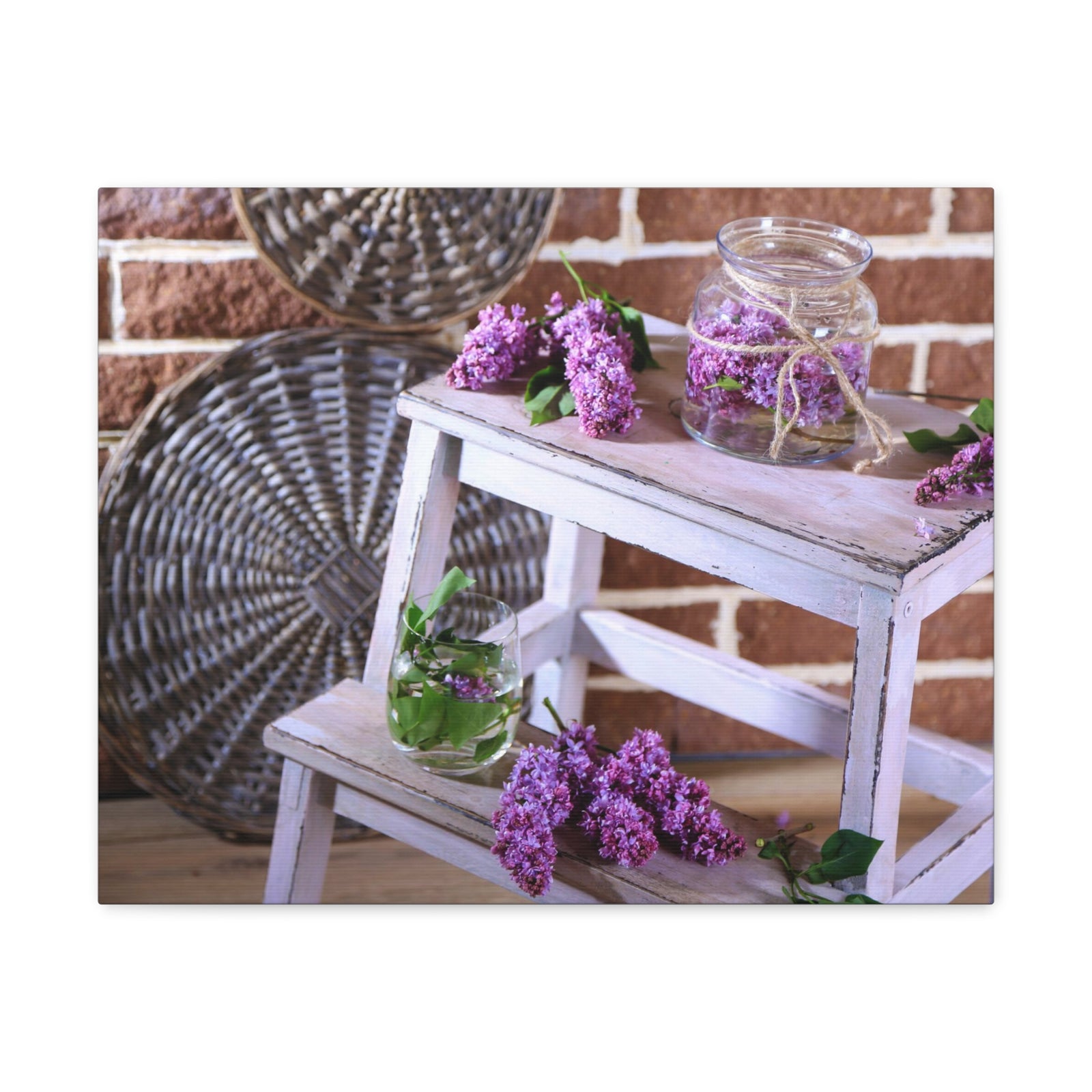 Beautiful Lilac Flowers On Wooden Ladder Rustic Design Canvas Wall Art for Home Decor Ready-to-Hang-Express Your Love Gifts