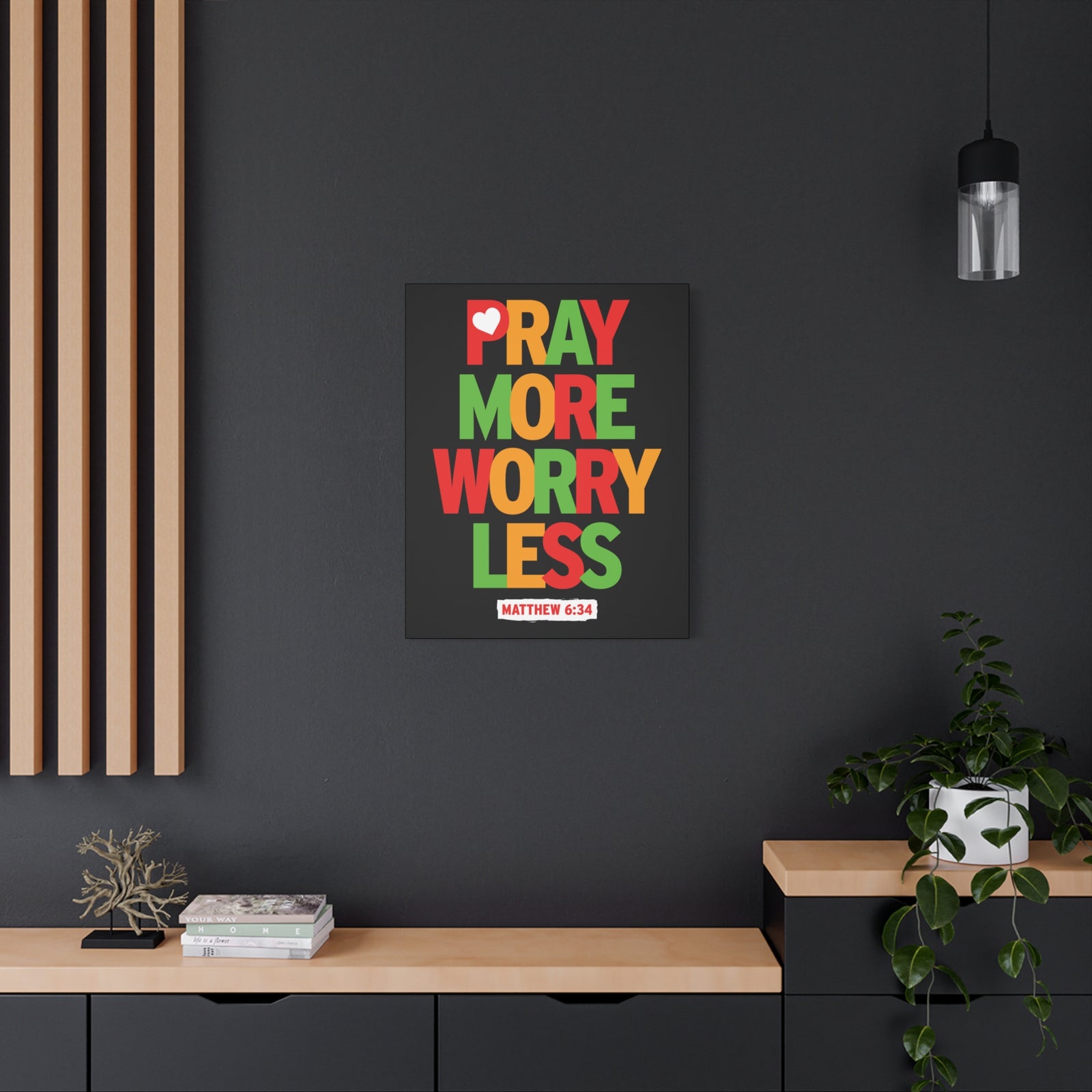 Scripture Canvas Pray More Worry Less Matthew 6:34 Christian Wall Art Bible Verse Print Ready To Hang-Express Your Love Gifts