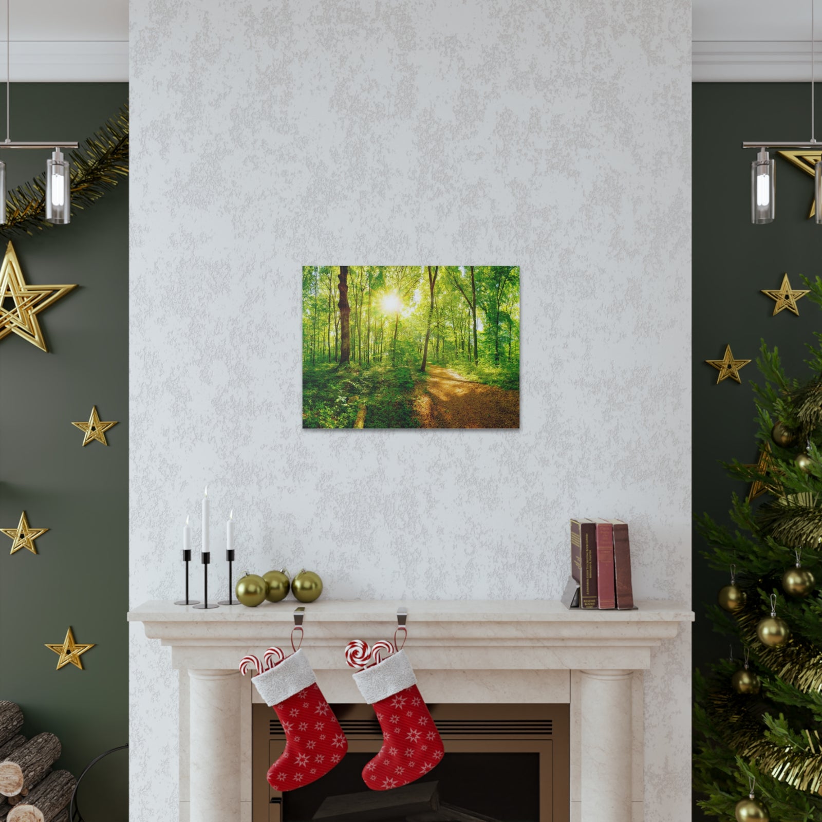 Green Forest Sunlight Nature Wilderness Photography Canvas Wall Art for Home Decor Ready-to-Hang-Express Your Love Gifts