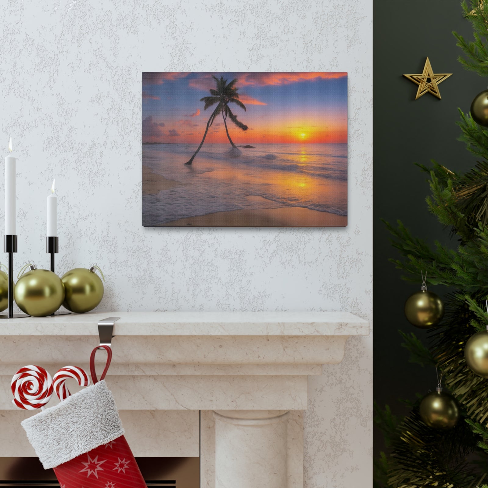 Sunset Beach With Palm Trees Ocean Canvas Wall Art for Home Decor Ready-to-Hang-Express Your Love Gifts