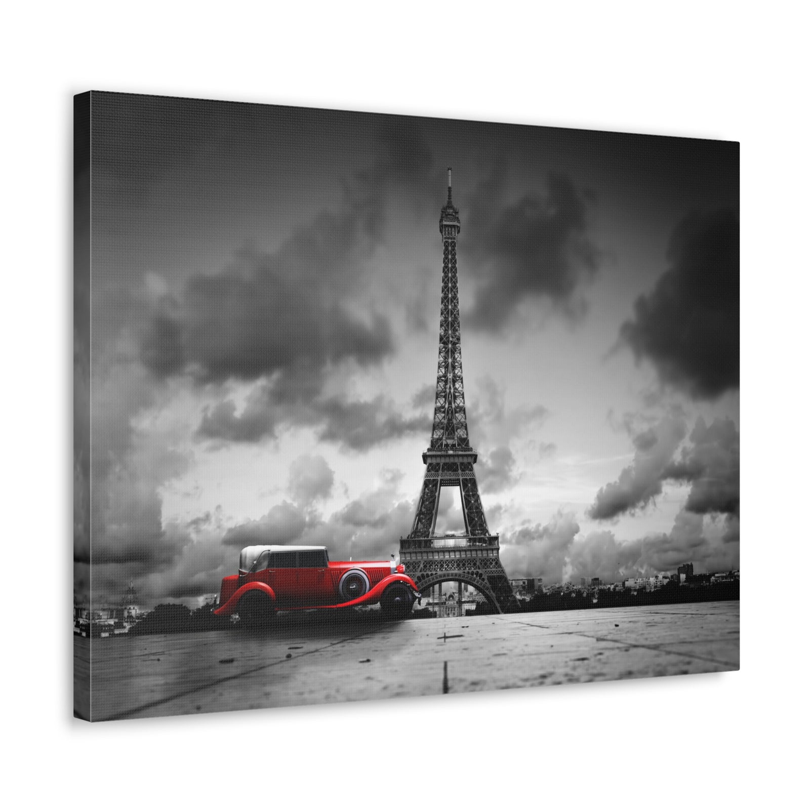 Eiffel Tower And Red Retro Car, France Canvas Artwork High-Quality Breathtaking French City for Home Decor Ready to Hang -Express Your Love Gifts