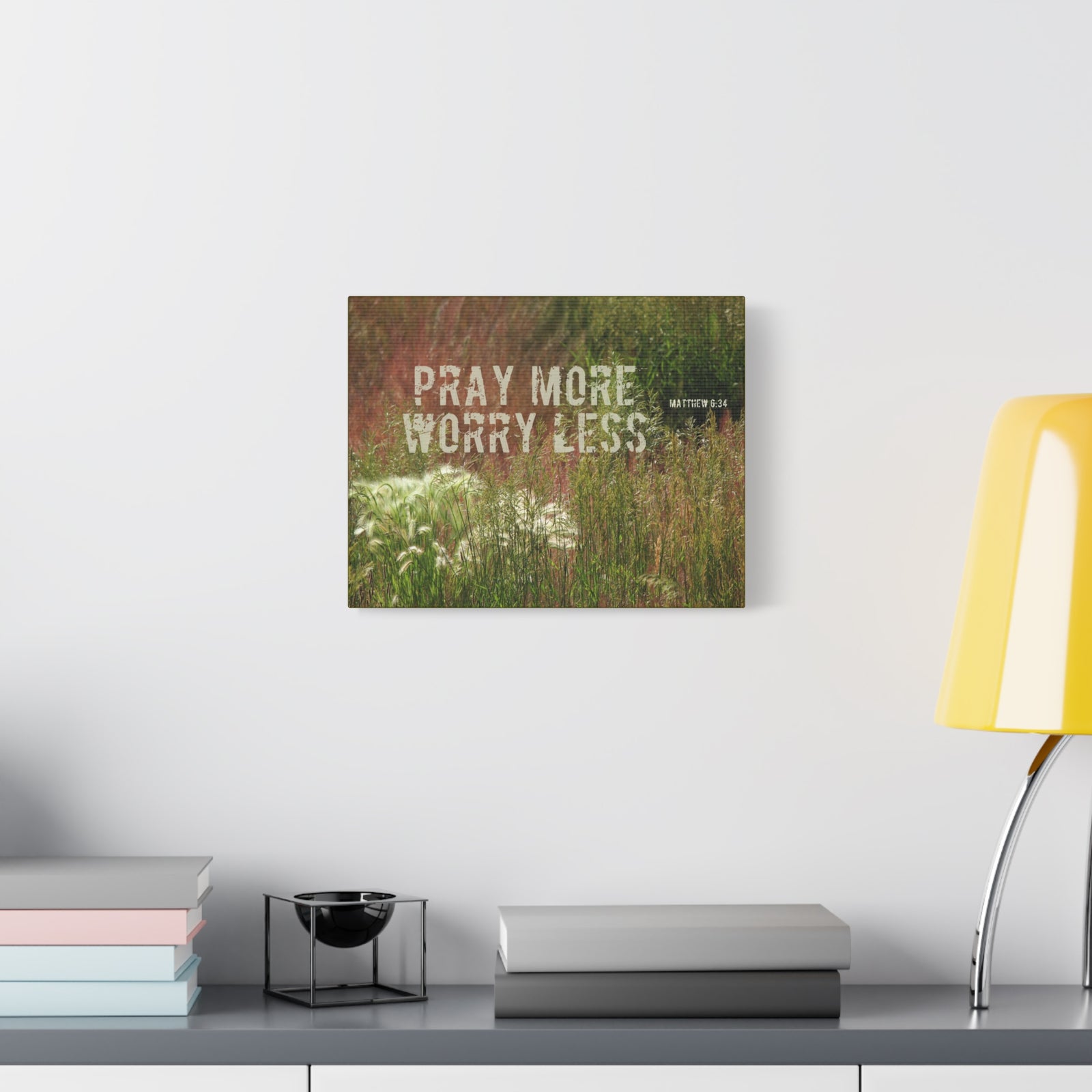 Scripture Canvas Pray More Worry Less Matthew 6:34 Grass Christian Wall Art Bible Verse Print Ready to Hang-Express Your Love Gifts