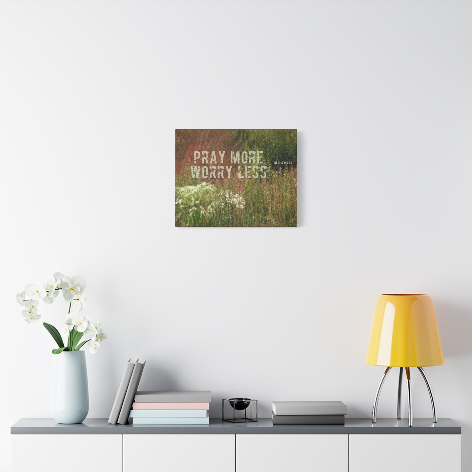 Scripture Canvas Pray More Worry Less Matthew 6:34 Grass Christian Wall Art Bible Verse Print Ready to Hang-Express Your Love Gifts