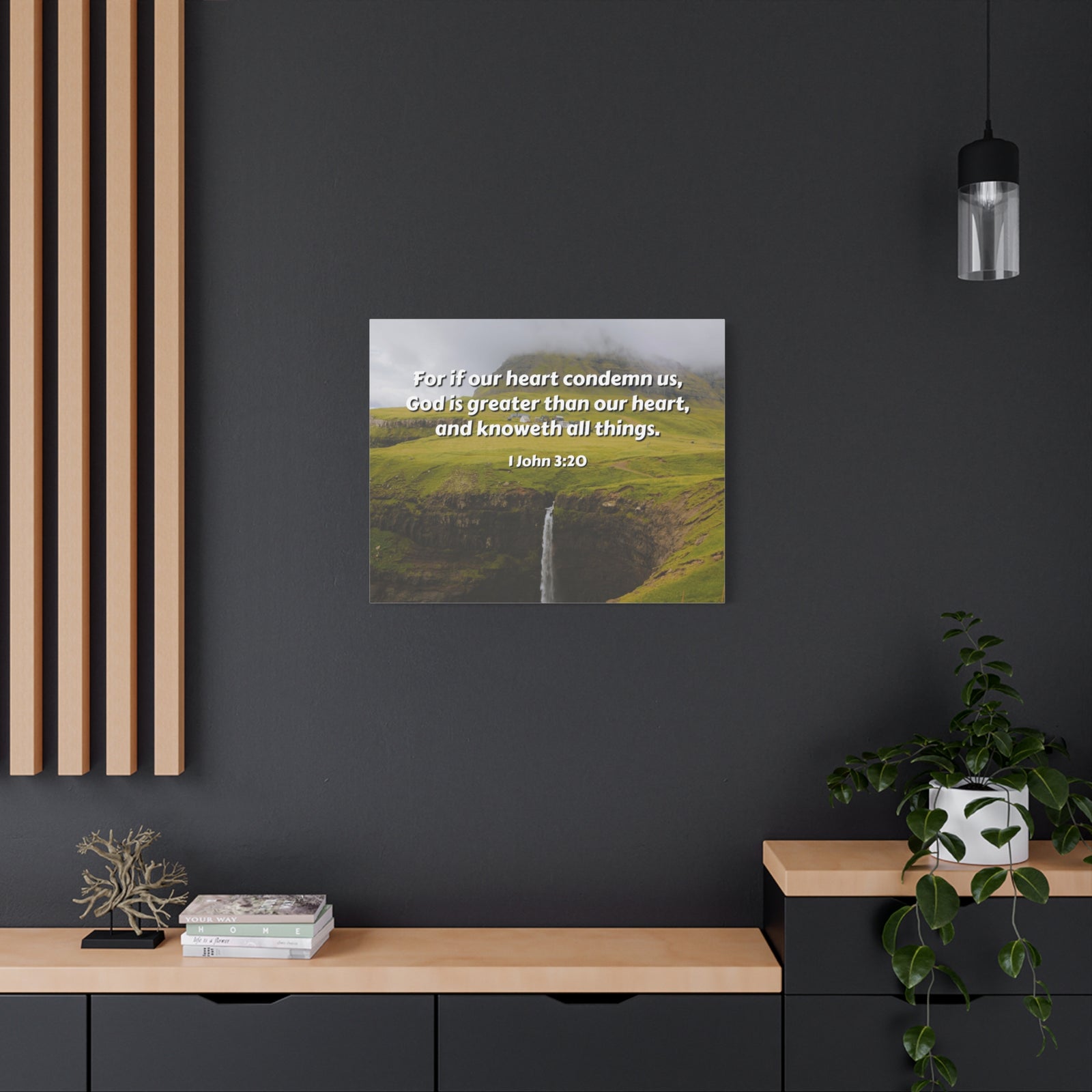 Scripture Canvas God Is Greater 1 John 3:20 Christian Wall Art Bible Verse Print Ready to Hang-Express Your Love Gifts