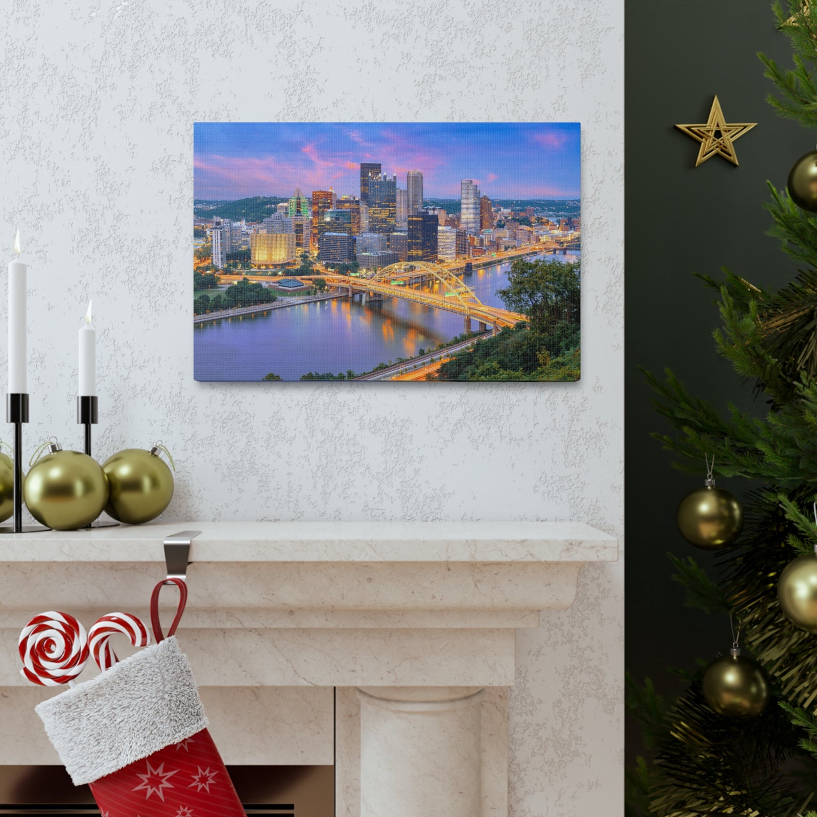 Pittsburgh Night Skyline Canvas Artwork High-Quality Breathtaking Stunning Cityscape for Home Decor Ready to Hang-Express Your Love Gifts