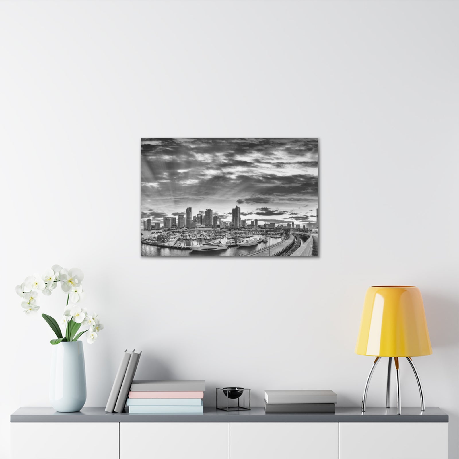 Miami Black And White Skyline Canvas Artwork High-Quality Breathtaking Stunning Cityscape for Home Decor Ready to Hang-Express Your Love Gifts