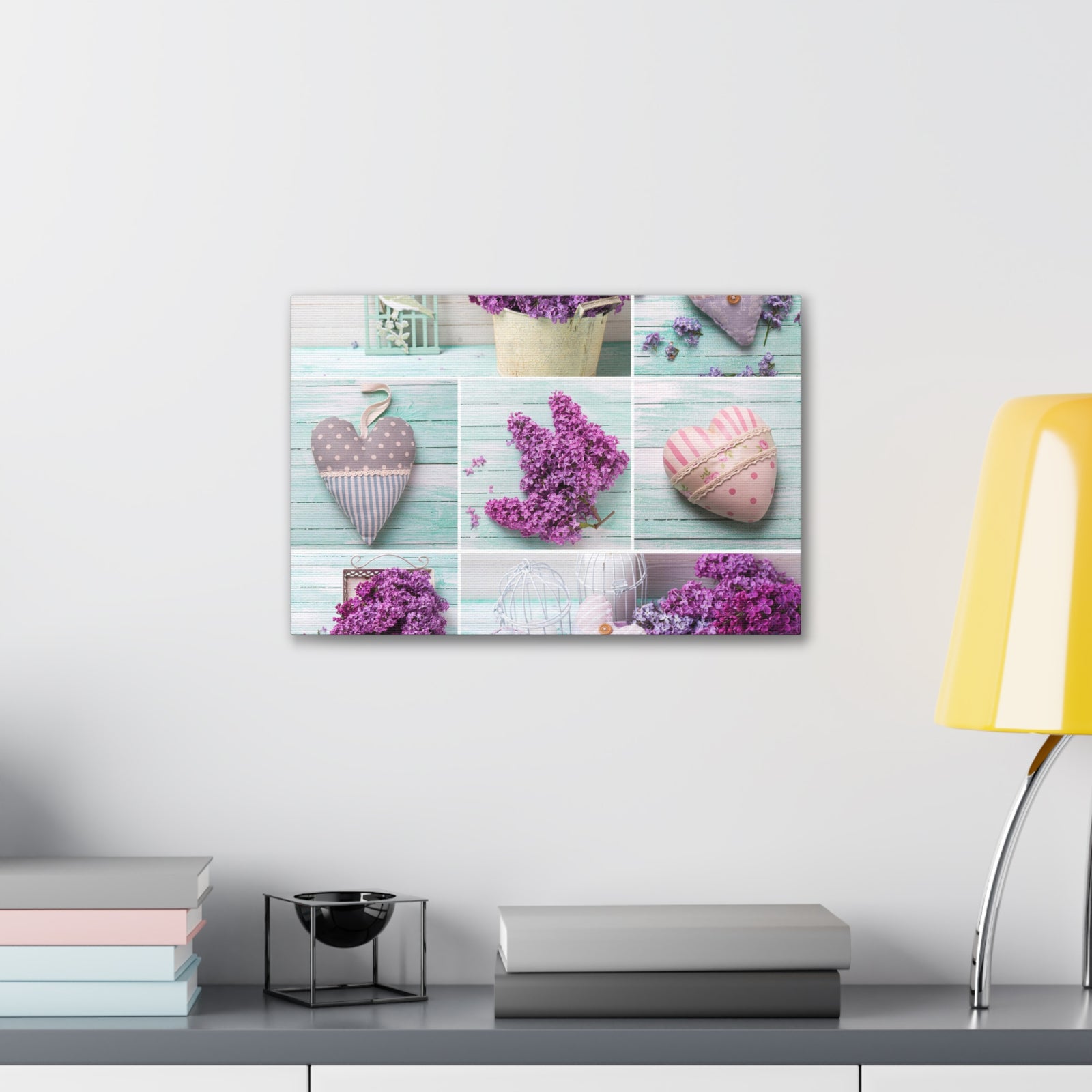 Lilac Flowers Decorative Hearts Collage On Wooden Plank Canvas Wall Art for Home Decor Ready-to-Hang-Express Your Love Gifts
