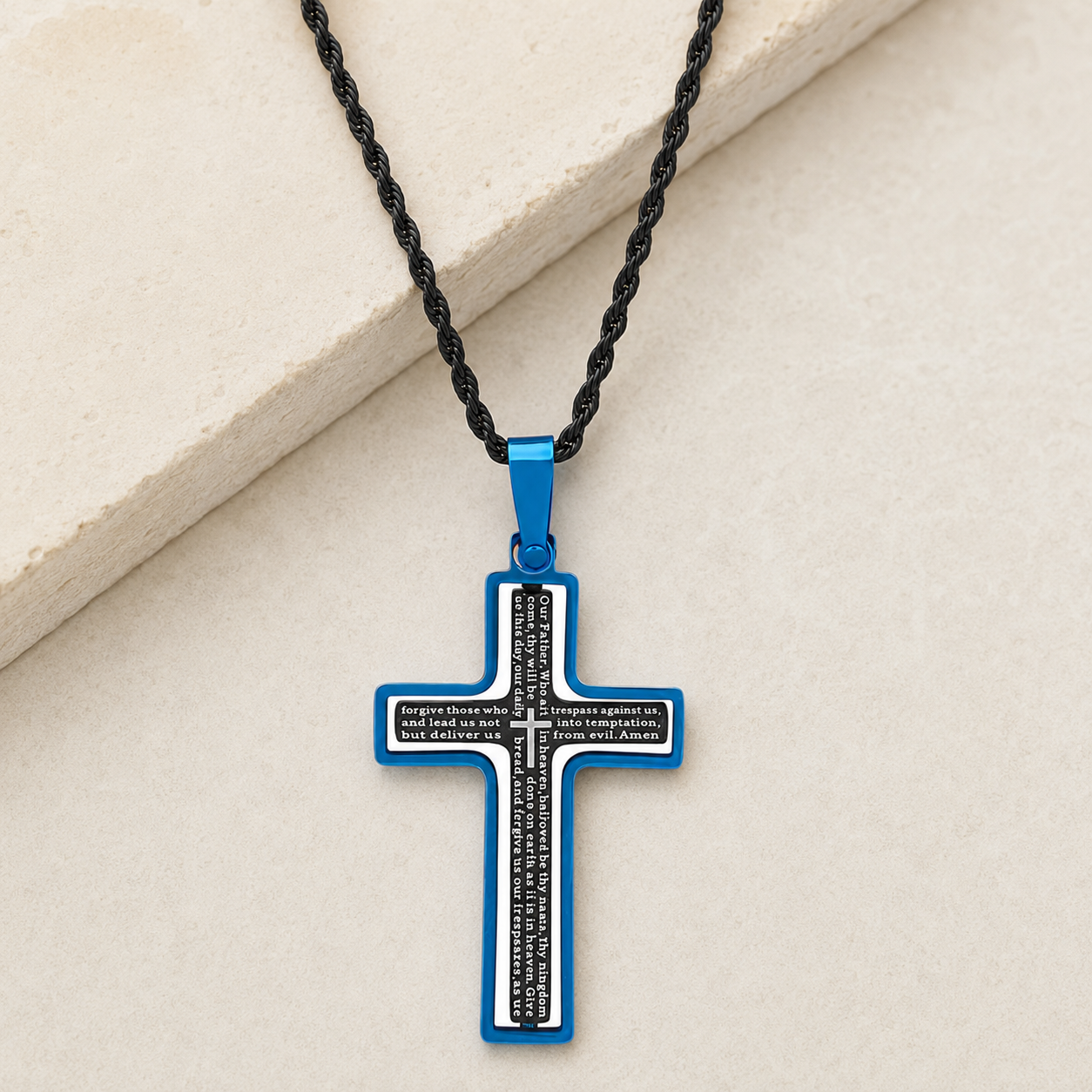 Our Father Spinning Cross Men's Necklace Blue & Black IP Stainless Steel 24"-Express Your Love Gifts