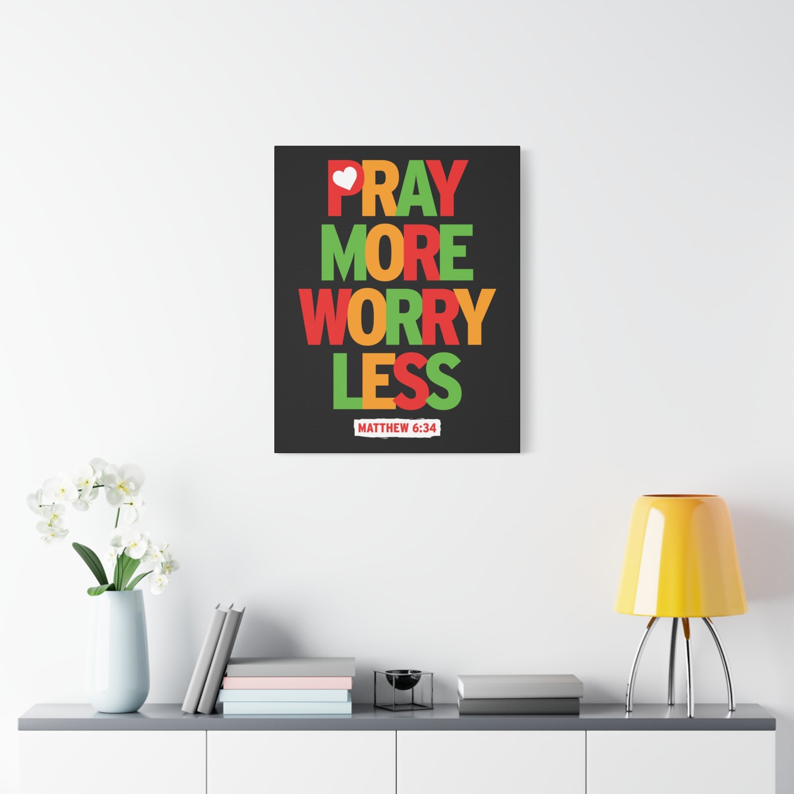 Scripture Canvas Pray More Worry Less Matthew 6:34 Christian Wall Art Bible Verse Print Ready To Hang-Express Your Love Gifts