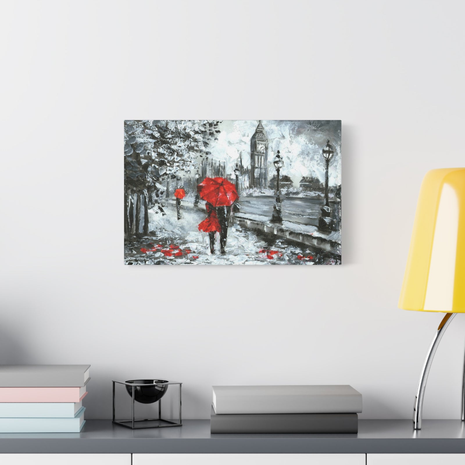 Streetview Landscape Big Ben Black White and Red Oil Painting Canvas Wall Art for Home Decor Ready-to-Hang-Express Your Love Gifts
