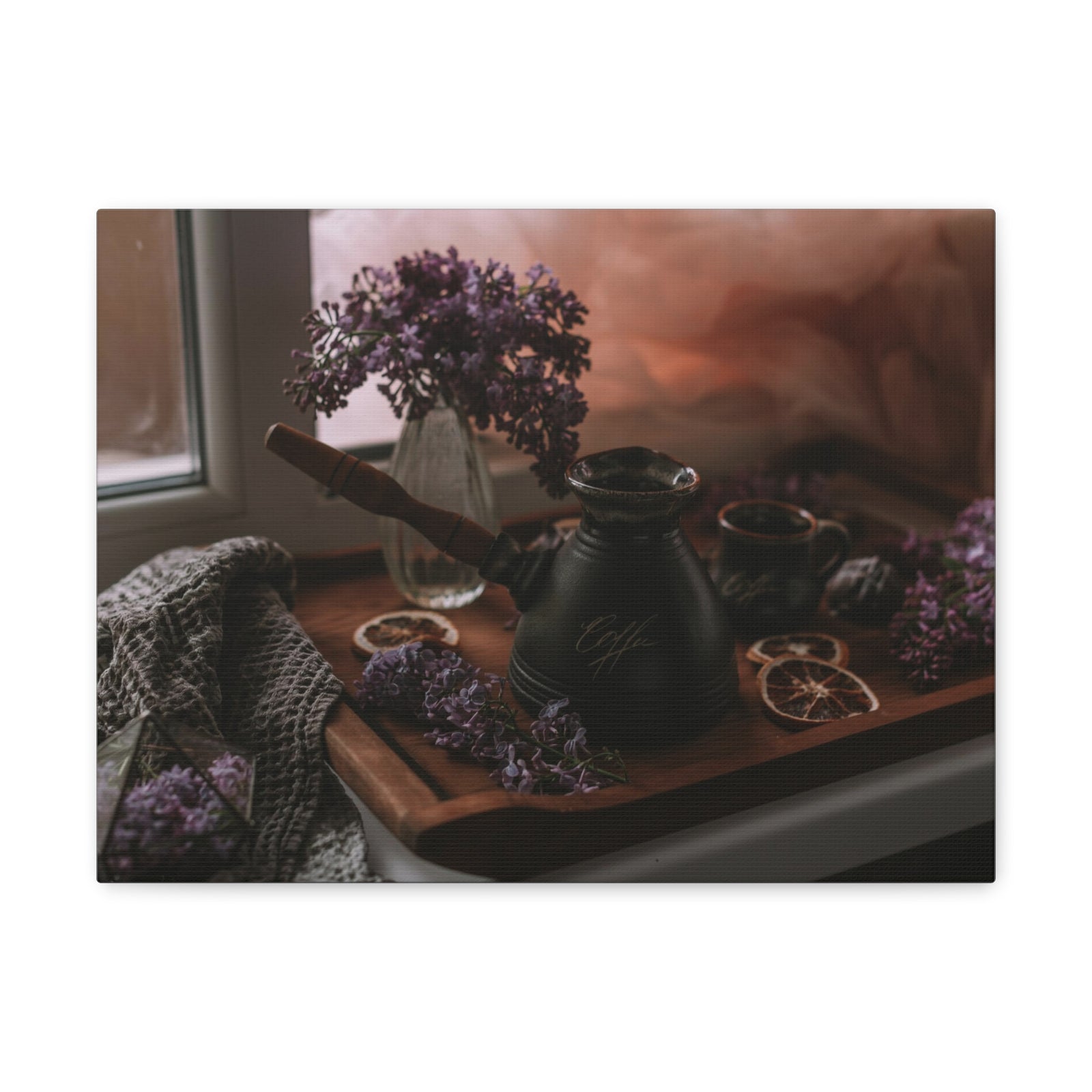 Coffee Chocolate Lilac Flowers On Wooden Tray Rustic Design Canvas Wall Art for Home Decor Ready-to-Hang-Express Your Love Gifts