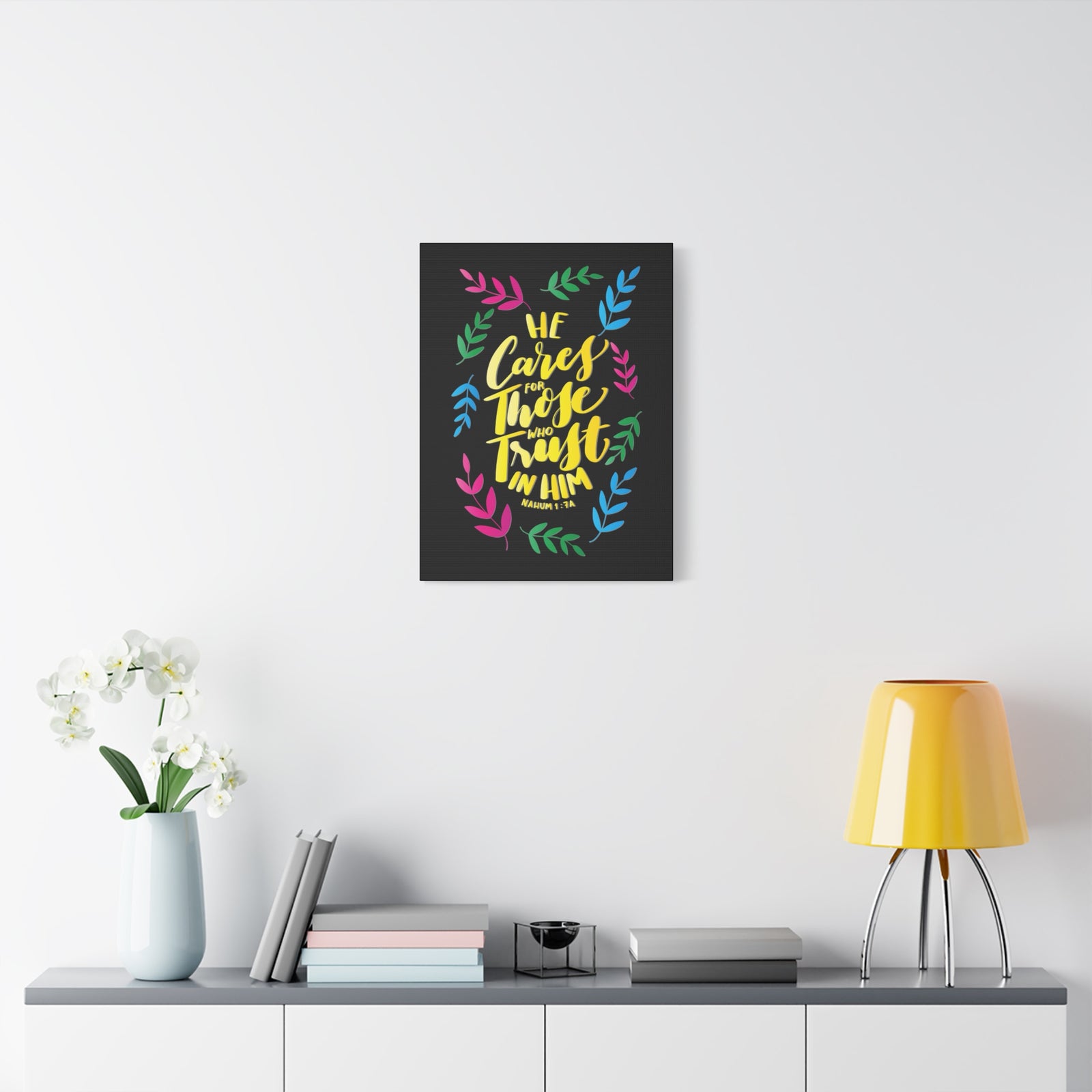 Scripture Canvas Trust In Him Nahum 1:7A Christian Wall Art Bible Verse Print Ready to Hang-Express Your Love Gifts