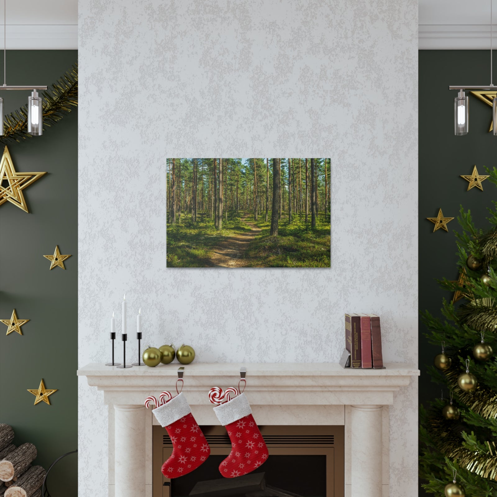 Green Forest Tree Path Nature Wilderness Photography Canvas Wall Art for Home Decor Ready-to-Hang-Express Your Love Gifts