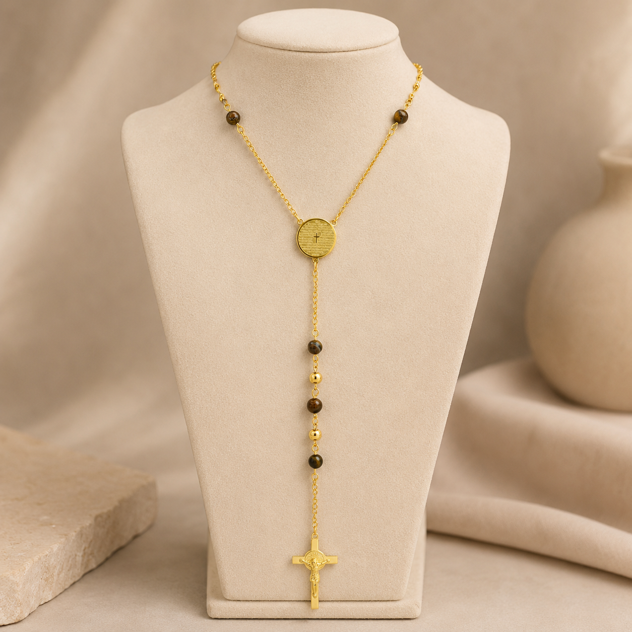 Rosary Necklace 18K Gold Plated Men's Tiger Eye Prayer Style 24" Chain-Express Your Love Gifts