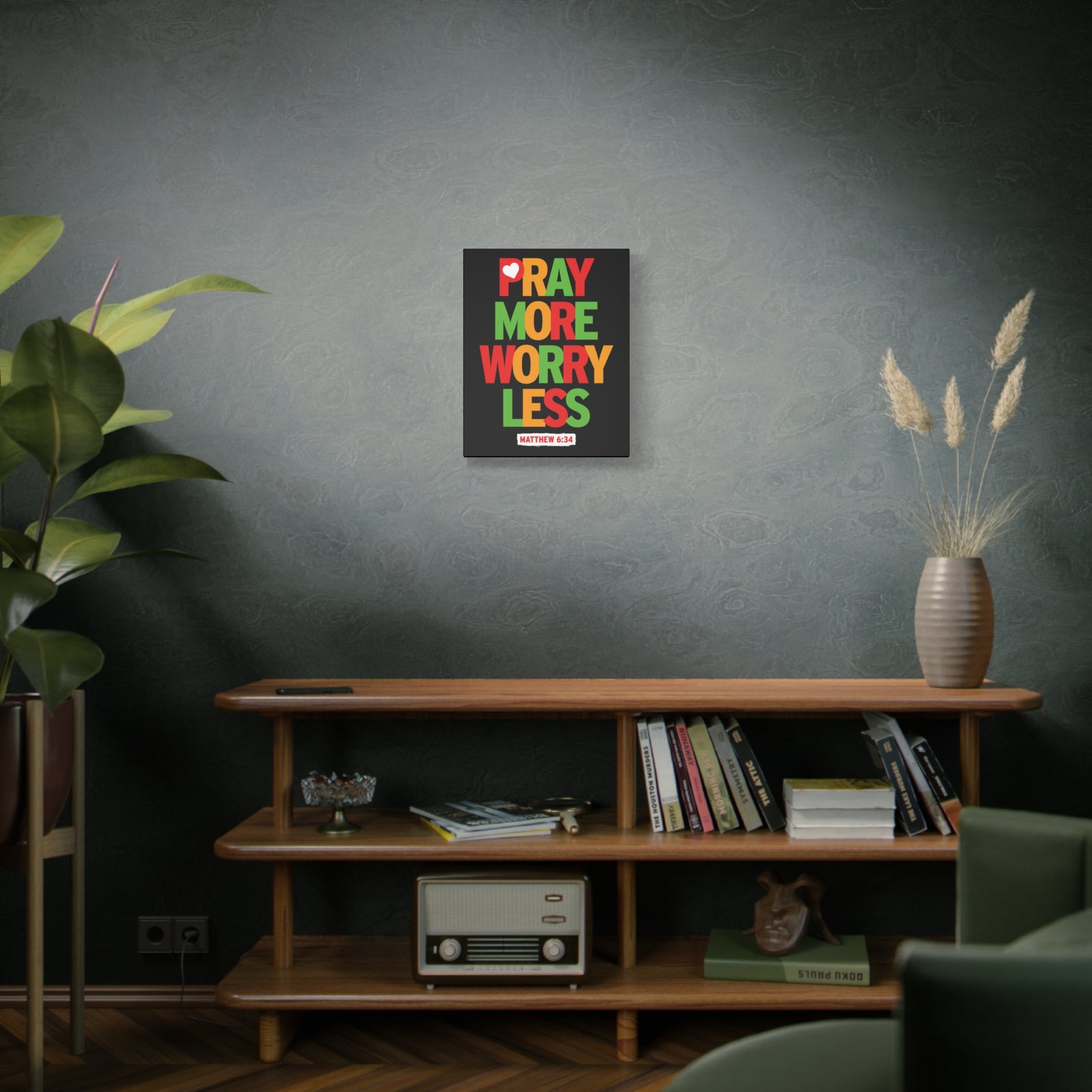 Scripture Canvas Pray More Worry Less Matthew 6:34 Christian Wall Art Bible Verse Print Ready To Hang-Express Your Love Gifts