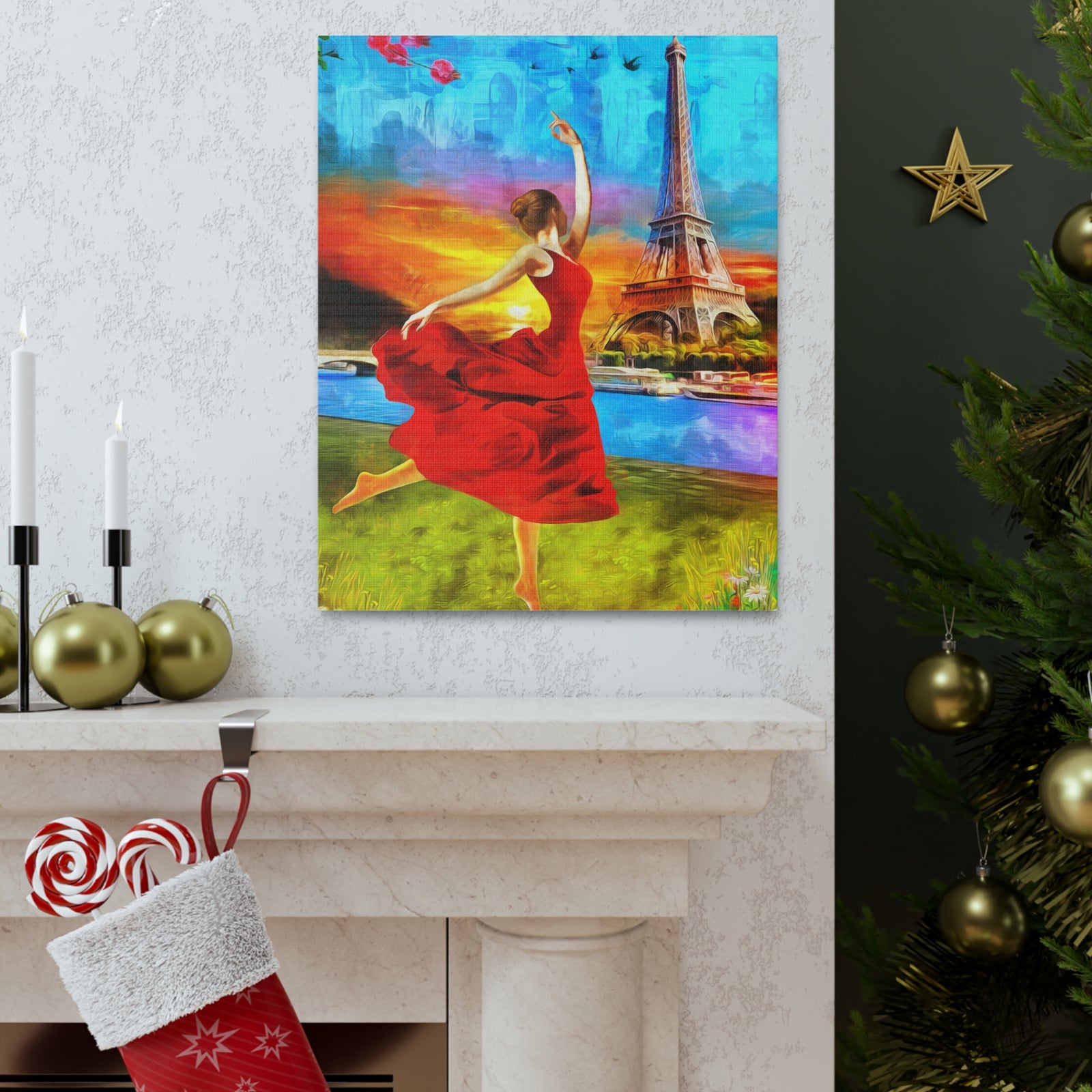 Eiffel Tower Red Dress Paris France Canvas Artwork High-Quality Breathtaking French City for Home Decor Ready to Hang-Express Your Love Gifts