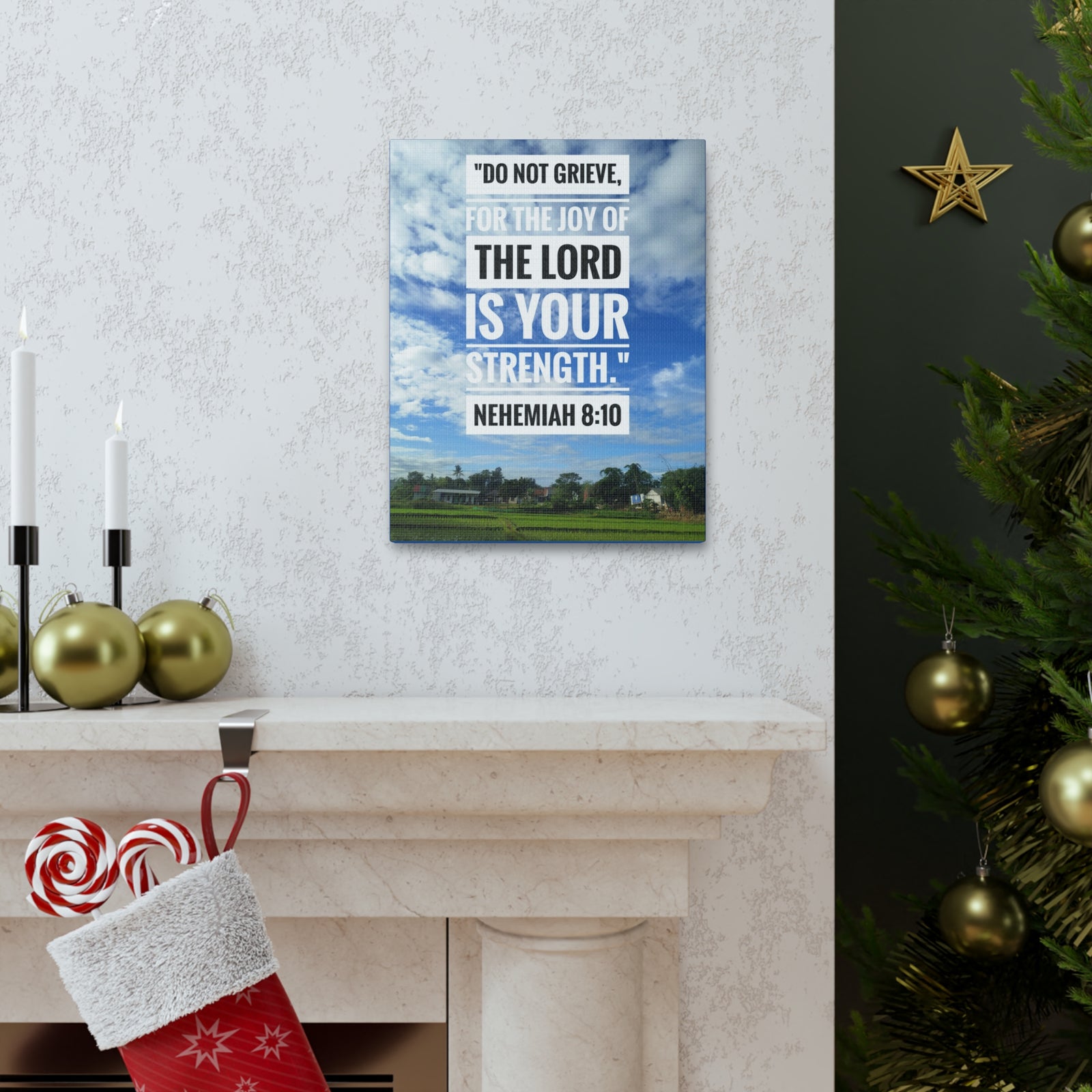 Scripture Canvas The Joy Of The Lord Nehemiah 8:10 Christian Wall Art Bible Verse Print Ready to Hang-Express Your Love Gifts