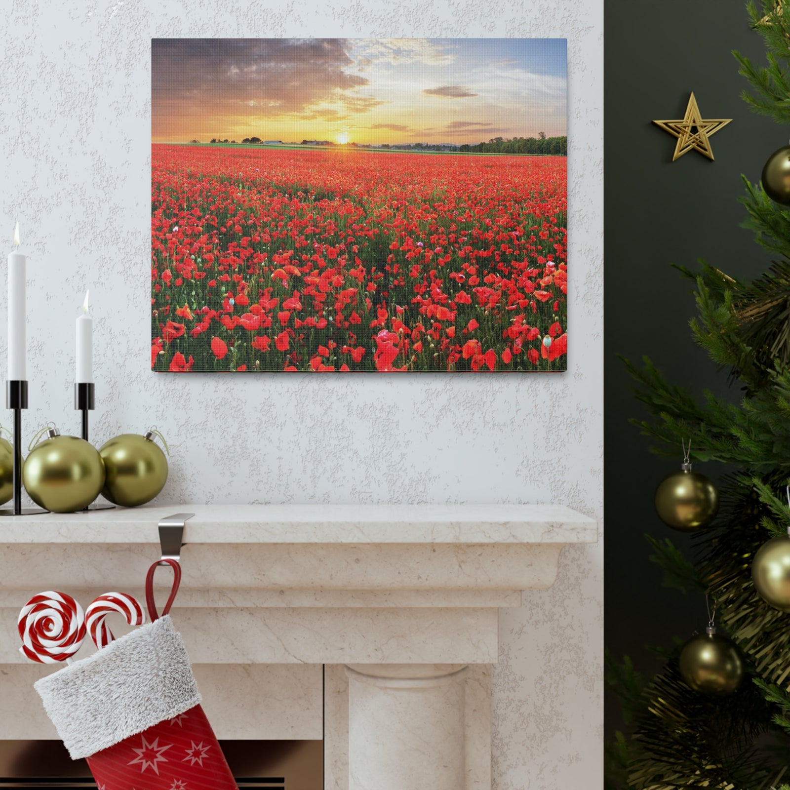 Nice Sunset Over Poppy Field Flower Canvas Wall Art for Home Decor Ready-to-Hang-Express Your Love Gifts