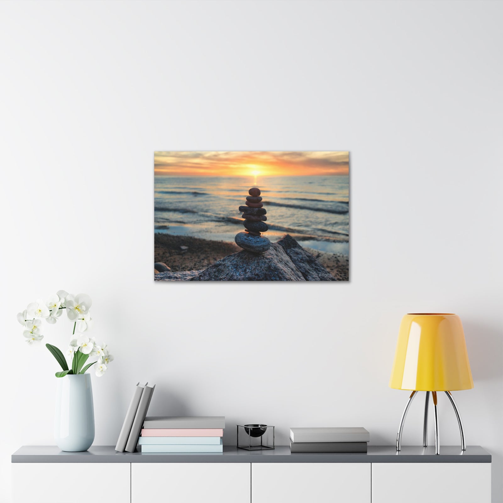 Pebbles Stack Over Beach Nature Wilderness Photography Canvas Wall Art for Home Decor Ready-to-Hang-Express Your Love Gifts