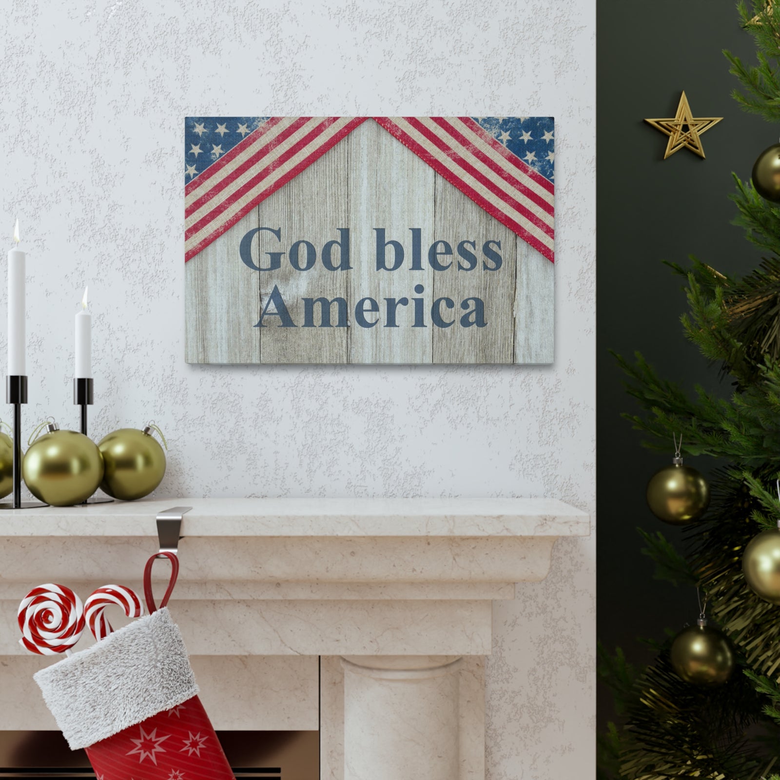 God Bless America Patriotic Message Canvas Wall Art for Home Decor Ready-to-Hang-Express Your Love Gifts