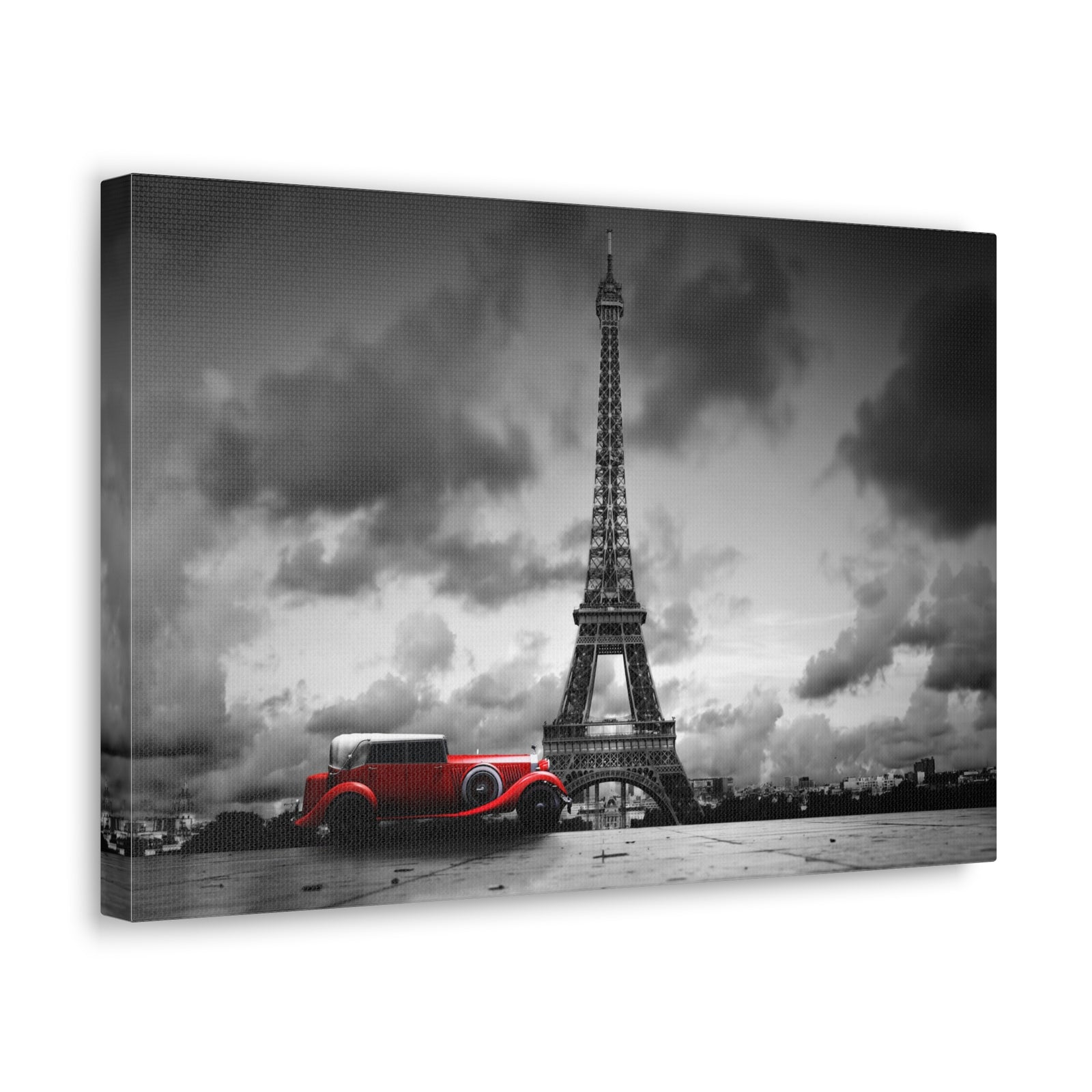 Eiffel Tower And Red Retro Car, France Canvas Artwork High-Quality Breathtaking French City for Home Decor Ready to Hang -Express Your Love Gifts