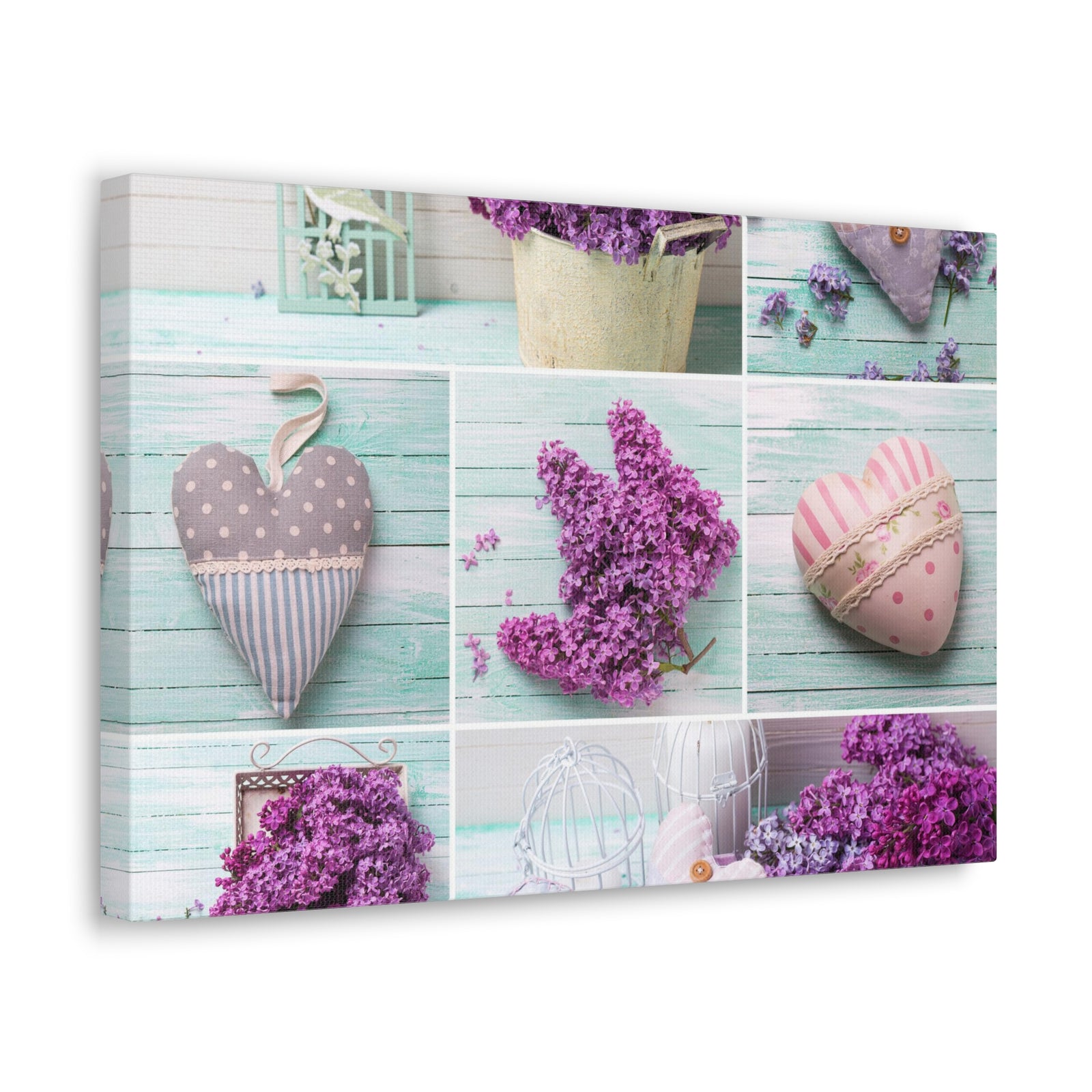Lilac Flowers Decorative Hearts Collage On Wooden Plank Canvas Wall Art for Home Decor Ready-to-Hang-Express Your Love Gifts