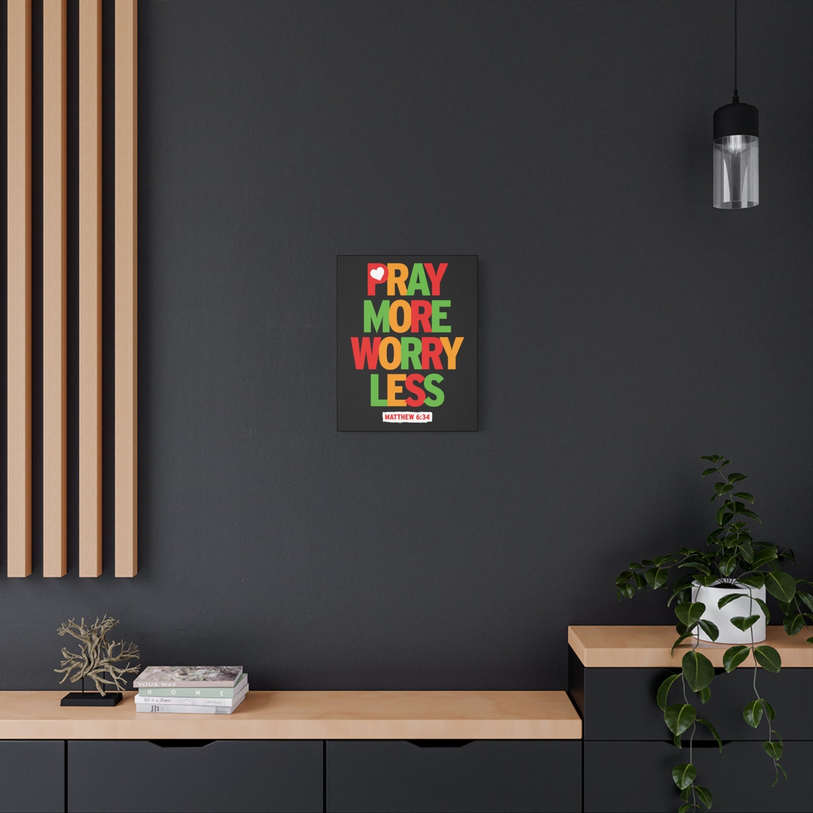 Scripture Canvas Pray More Worry Less Matthew 6:34 Christian Wall Art Bible Verse Print Ready To Hang-Express Your Love Gifts