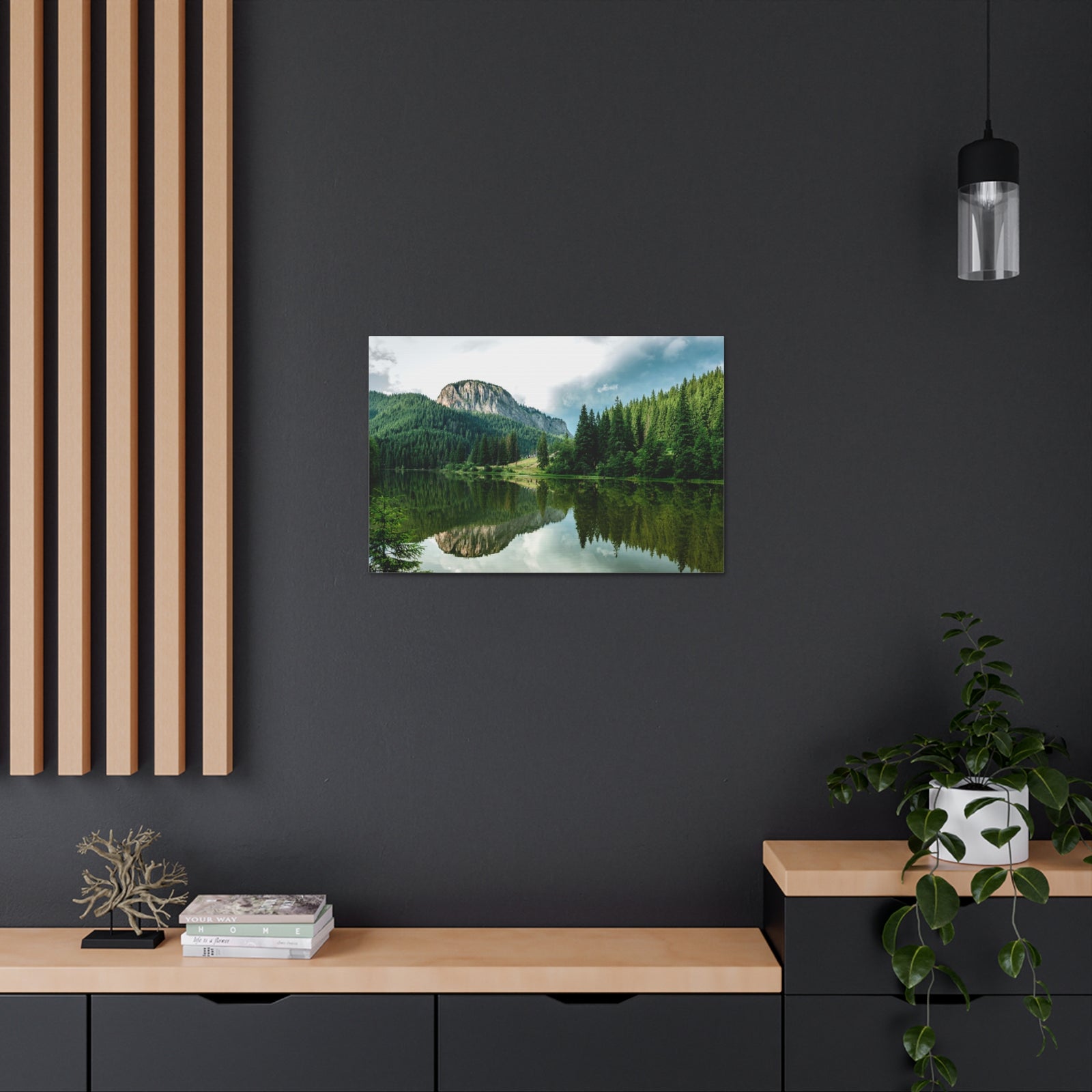Green Forest With Lake Reflection Nature Wilderness Photography Canvas Wall Art for Home Decor Ready-to-Hang-Express Your Love Gifts