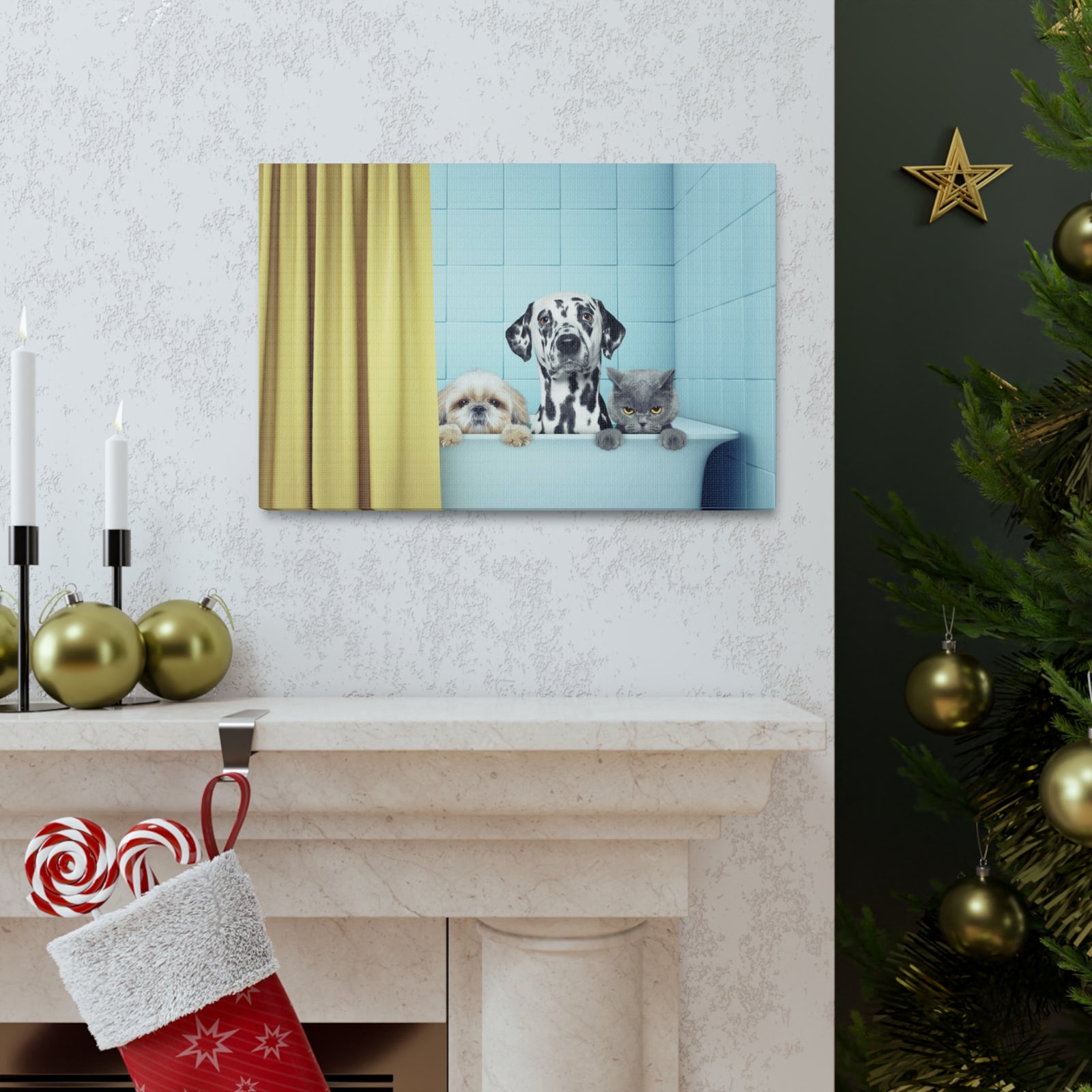 Cute Two Dogs and Cat Canvas Wall Art for Home Decor Ready-to-Hang-Express Your Love Gifts