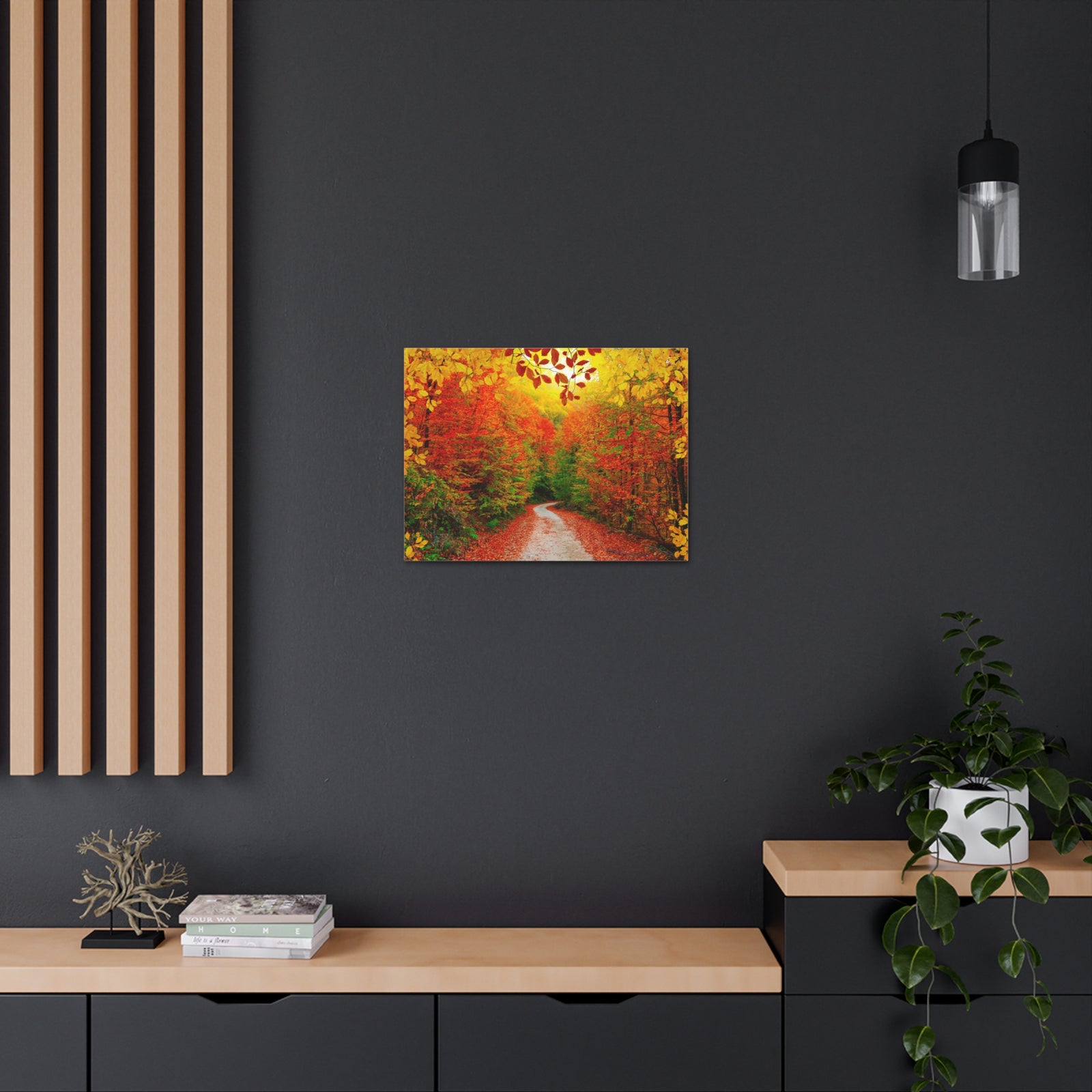 Autumn Fall Orange Leaf Forest Tree Trail Nature Wilderness Photography Canvas Wall Art for Home Decor Ready-to-Hang-Express Your Love Gifts