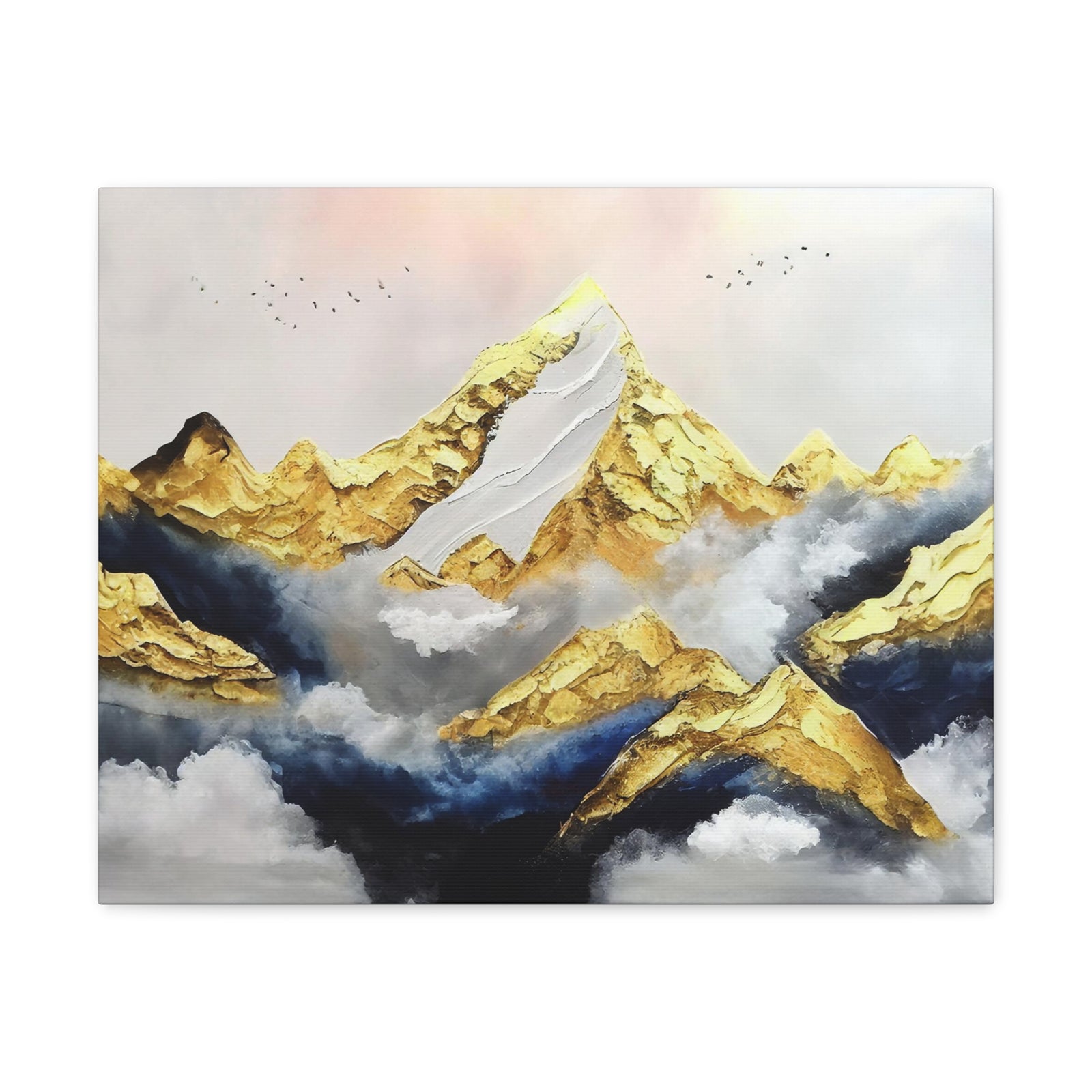Mountaintop Landscape Birds Flying White Gold and Blue Painting Canvas Wall Art for Home Decor Ready-to-Hang-Express Your Love Gifts