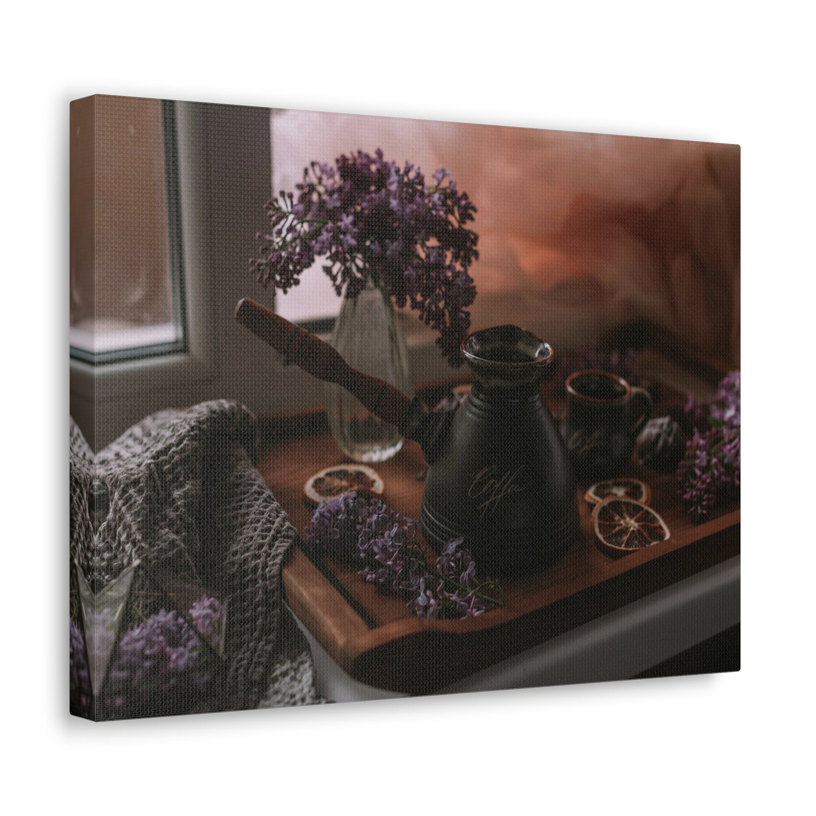 Coffee Chocolate Lilac Flowers On Wooden Tray Rustic Design Canvas Wall Art for Home Decor Ready-to-Hang-Express Your Love Gifts