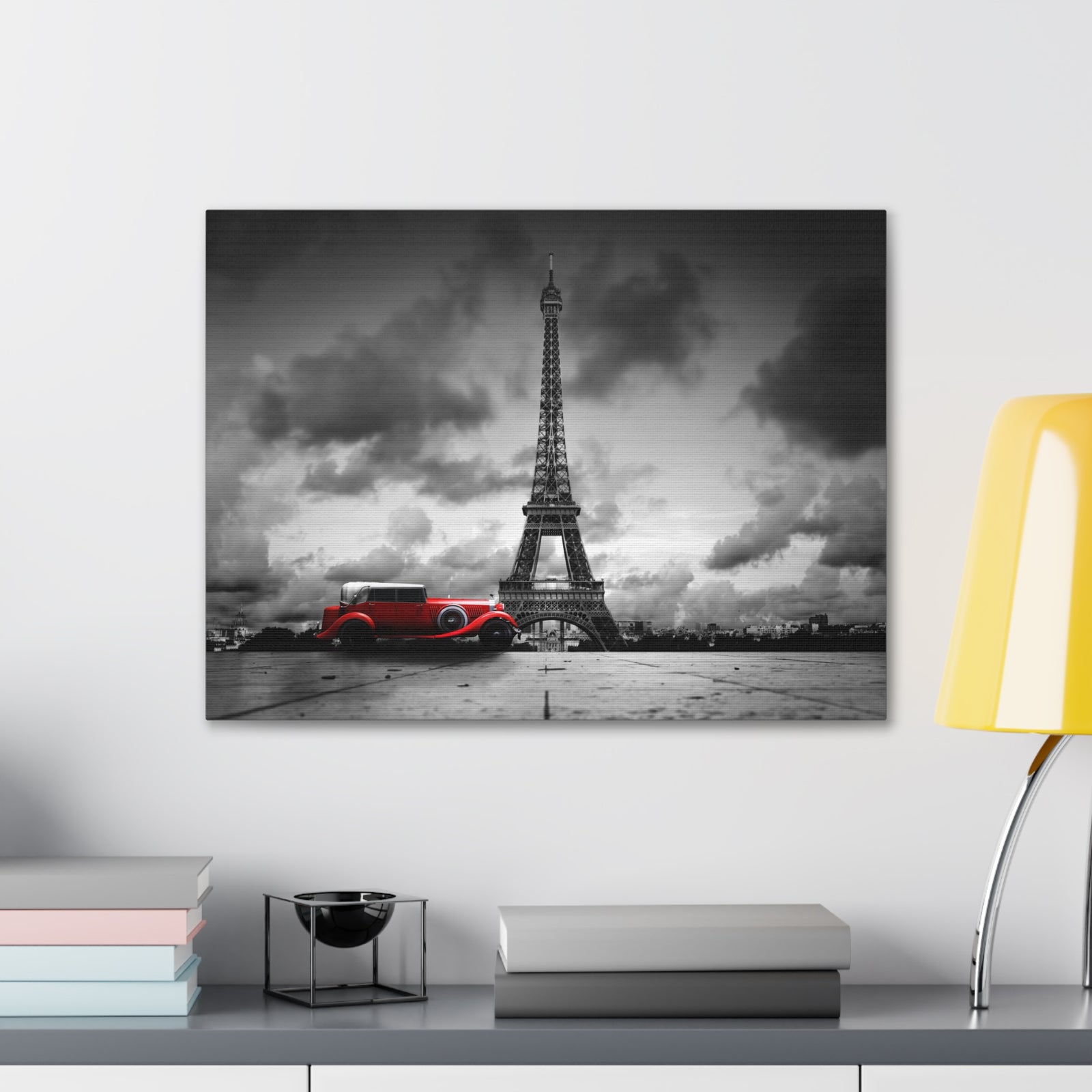 Eiffel Tower Skyline Black White Rain Red Umbrella Canvas Artwork High-Quality Breathtaking Stunning Cityscape for Home Decor Ready to Hang-Express Your Love Gifts