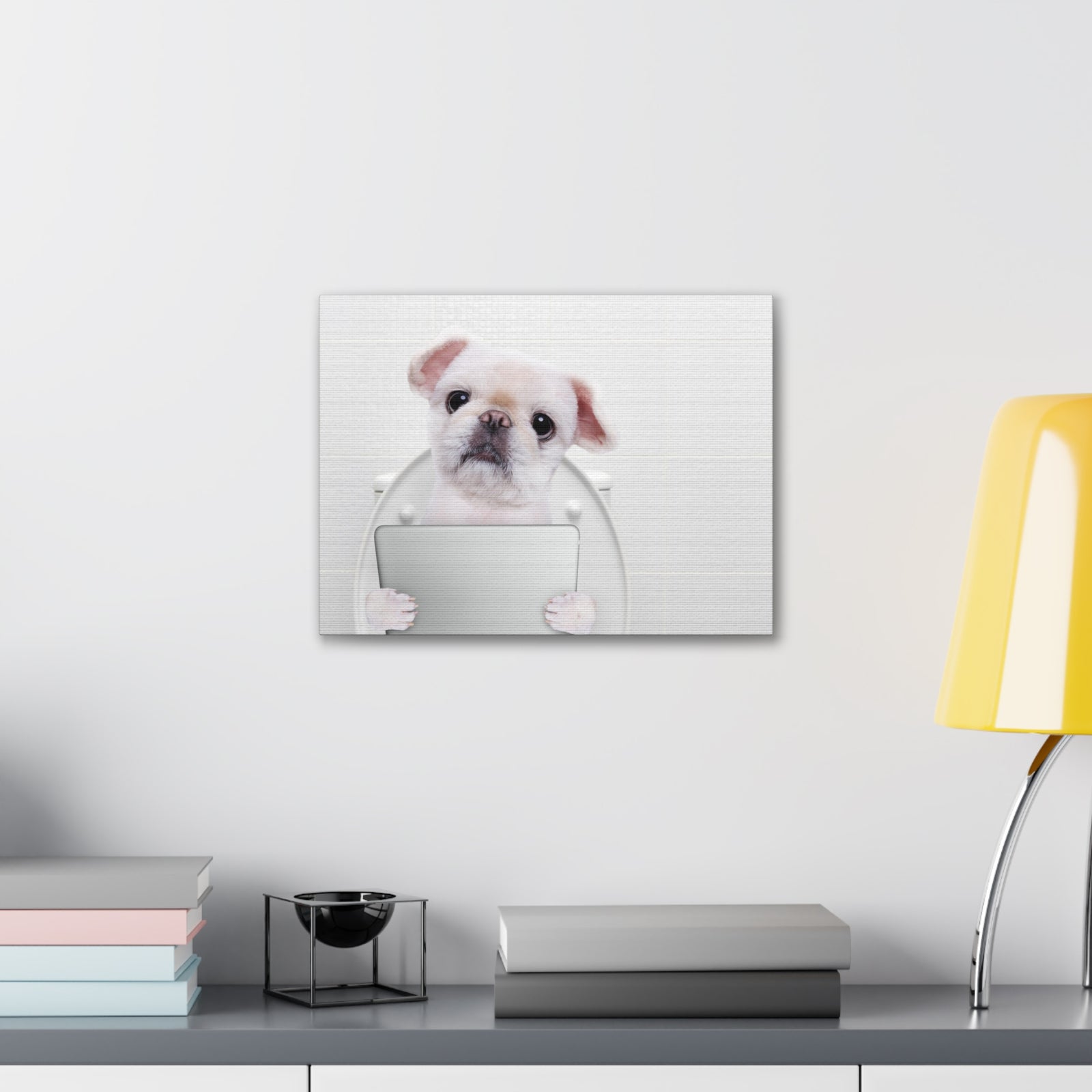 Cute Dog Holding Tablet PC Sitting On Toilet Funny Canvas Wall Art for Home Decor Ready-to-Hand-Express Your Love Gifts