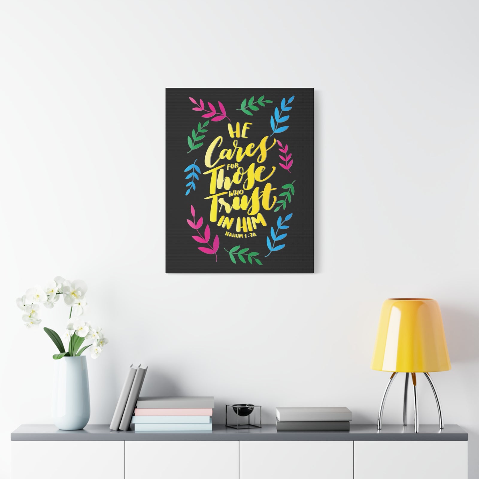 Scripture Canvas Trust In Him Nahum 1:7A Christian Wall Art Bible Verse Print Ready to Hang-Express Your Love Gifts