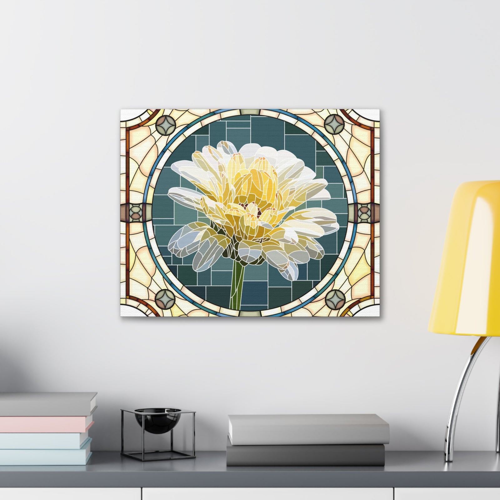 White Calendula Flower Mosaic In Stained Glass Canvas Wall Art for Home Decor Ready-to-Hang-Express Your Love Gifts
