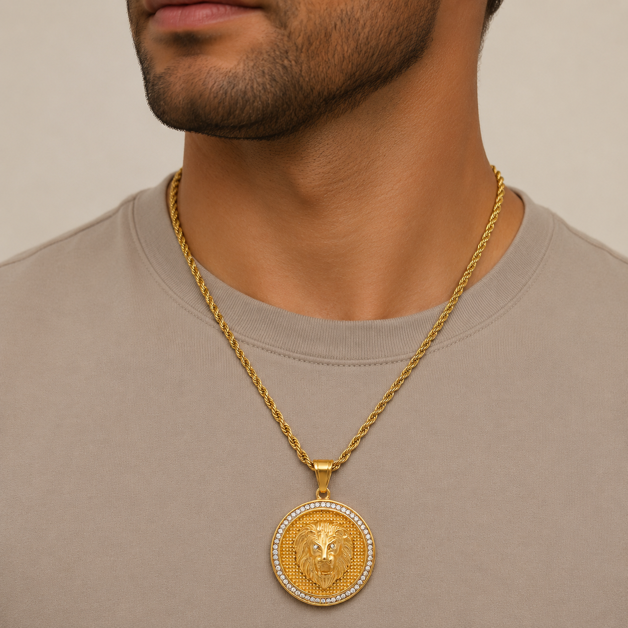 Lion Head Men's 18K Gold Plated Pendant Diamond-Accented 24" Chain-Express Your Love Gifts