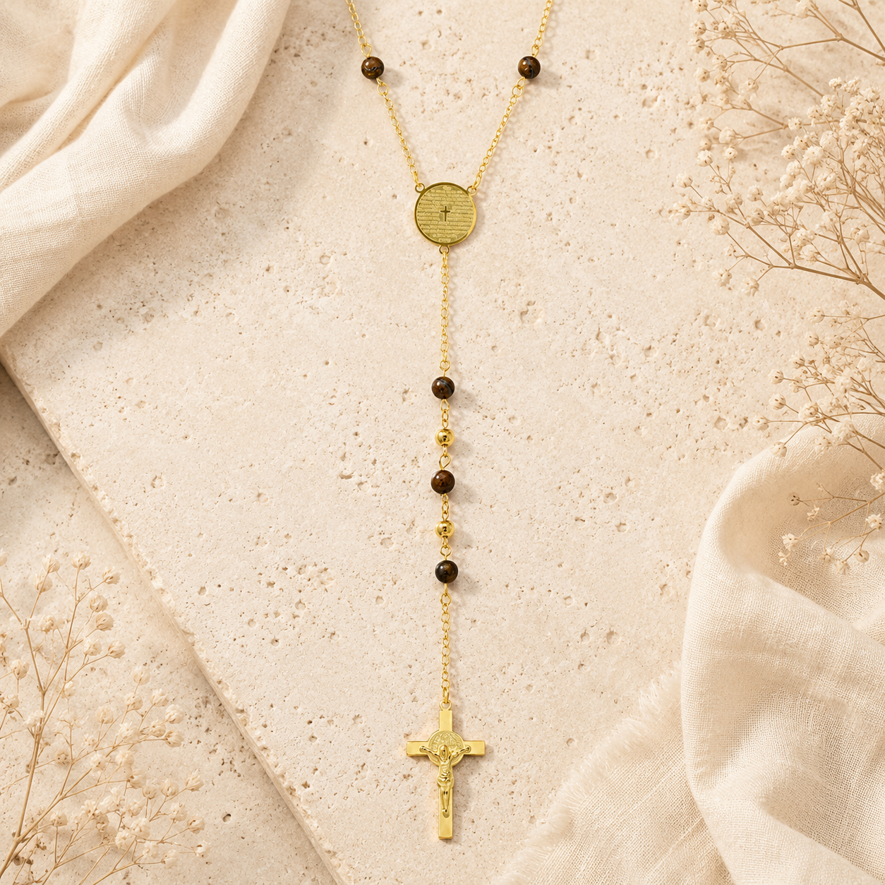 Rosary Necklace 18K Gold Plated Men's Tiger Eye Prayer Style 24" Chain-Express Your Love Gifts