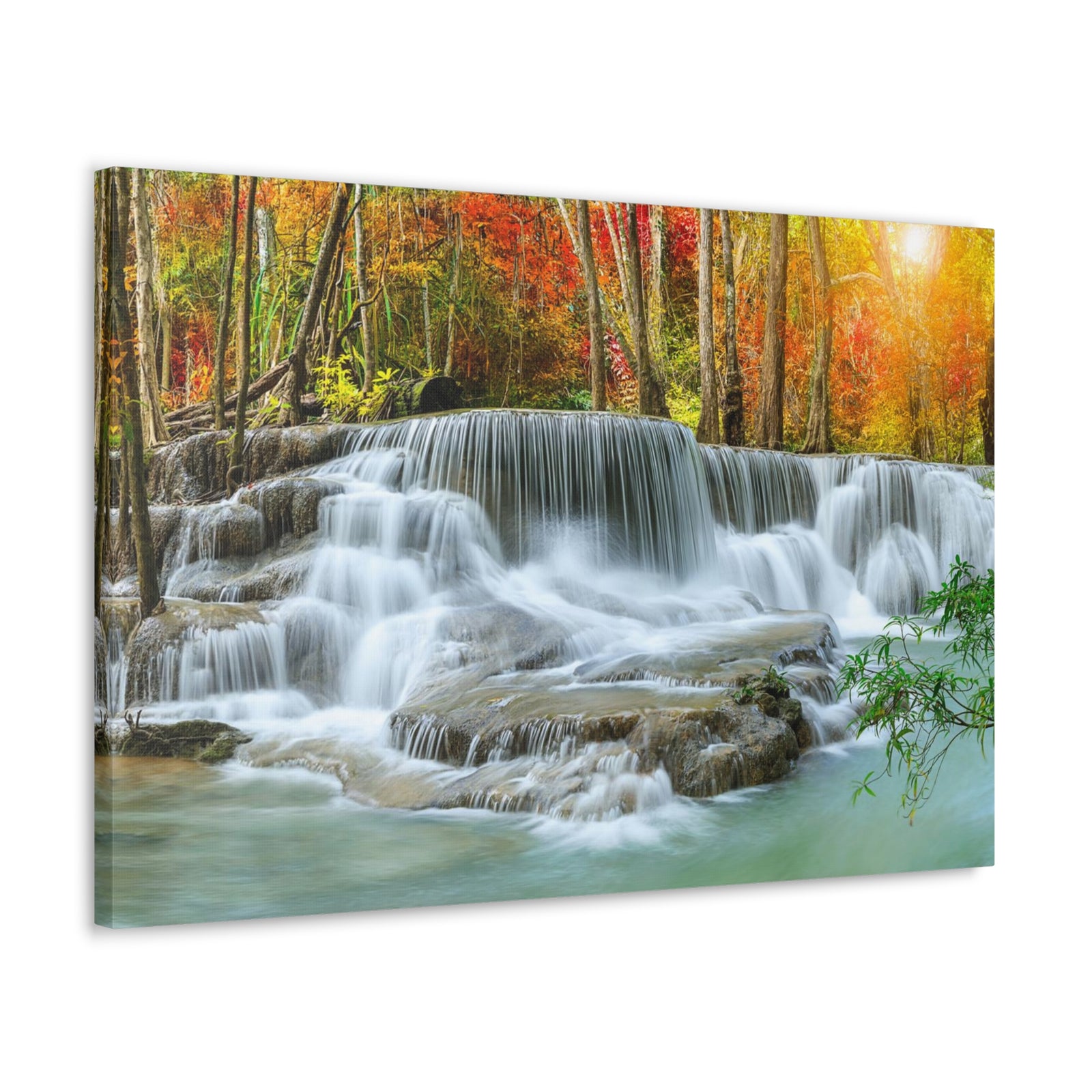 Cascading Autumn Forest Waterfall Nature Wilderness Photography Canvas Wall Art for Home Decor Ready-to-Hang-Express Your Love Gifts