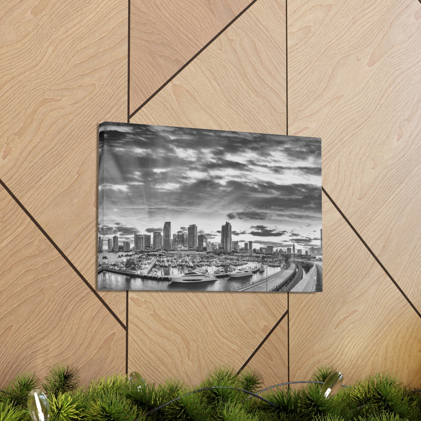 Miami Black And White Skyline Canvas Artwork High-Quality Breathtaking Stunning Cityscape for Home Decor Ready to Hang-Express Your Love Gifts