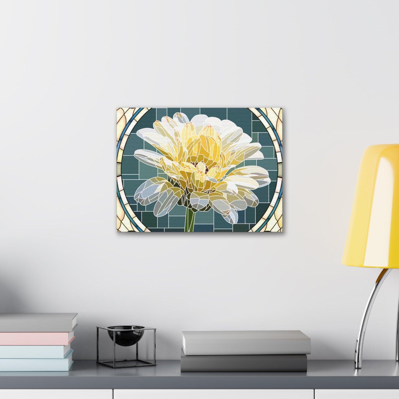 White Calendula Flower Mosaic In Stained Glass Canvas Wall Art for Home Decor Ready-to-Hang-Express Your Love Gifts