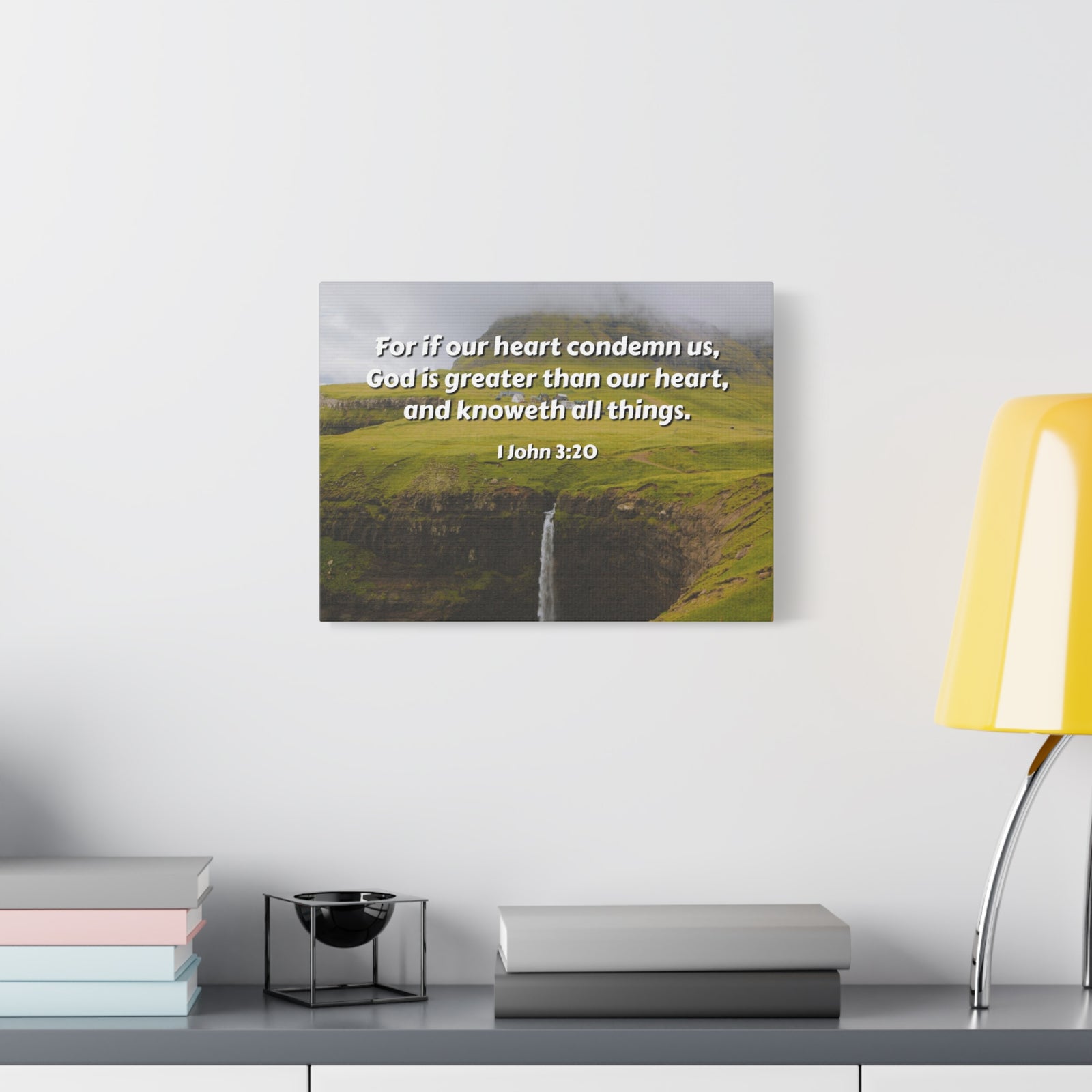Scripture Canvas God Is Greater 1 John 3:20 Christian Wall Art Bible Verse Print Ready to Hang-Express Your Love Gifts