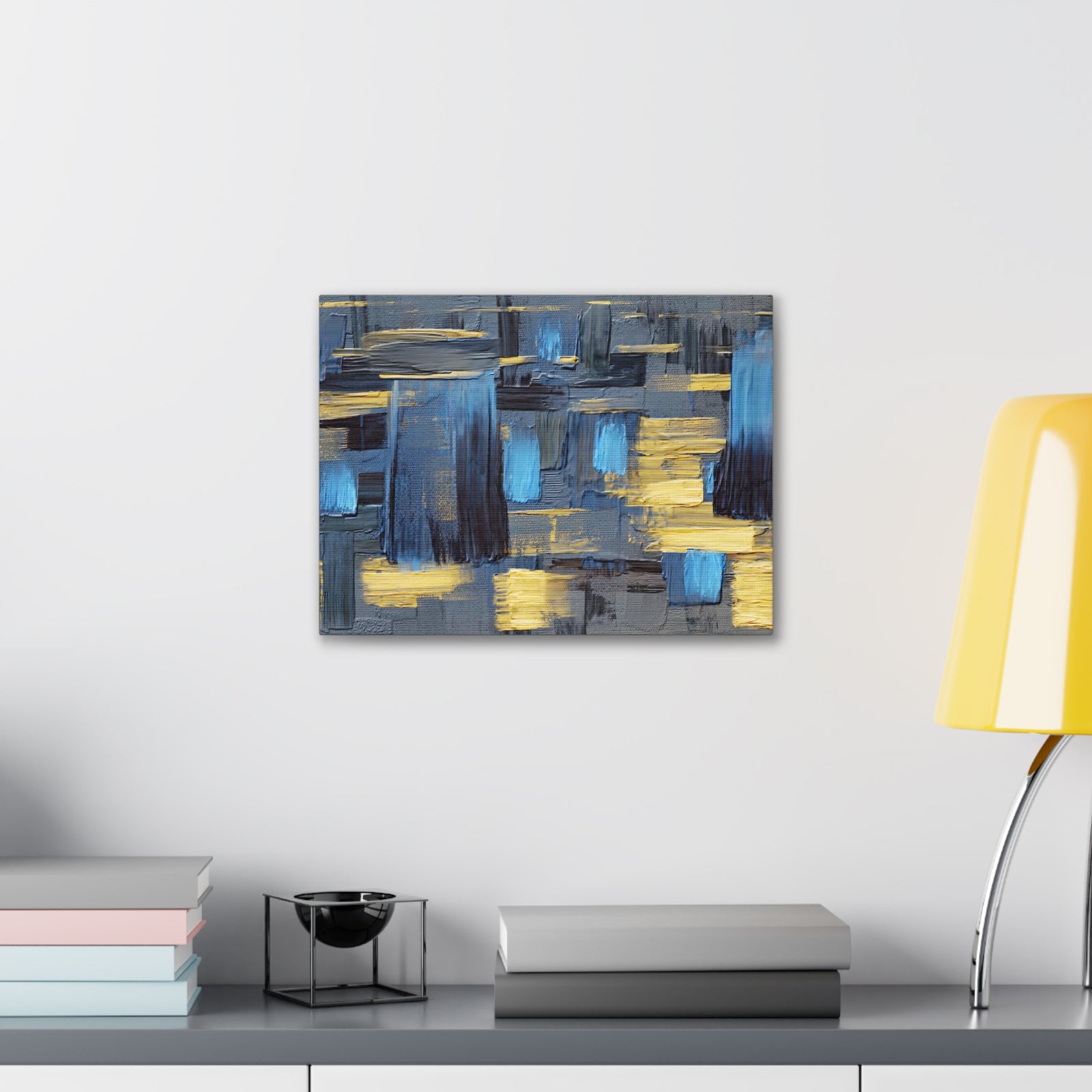 Textured Abstract Acrylic Painting Hand Painted Blue Black Yellow Canvas Wall Art for Home Decor Ready-to-Hang-Express Your Love Gifts