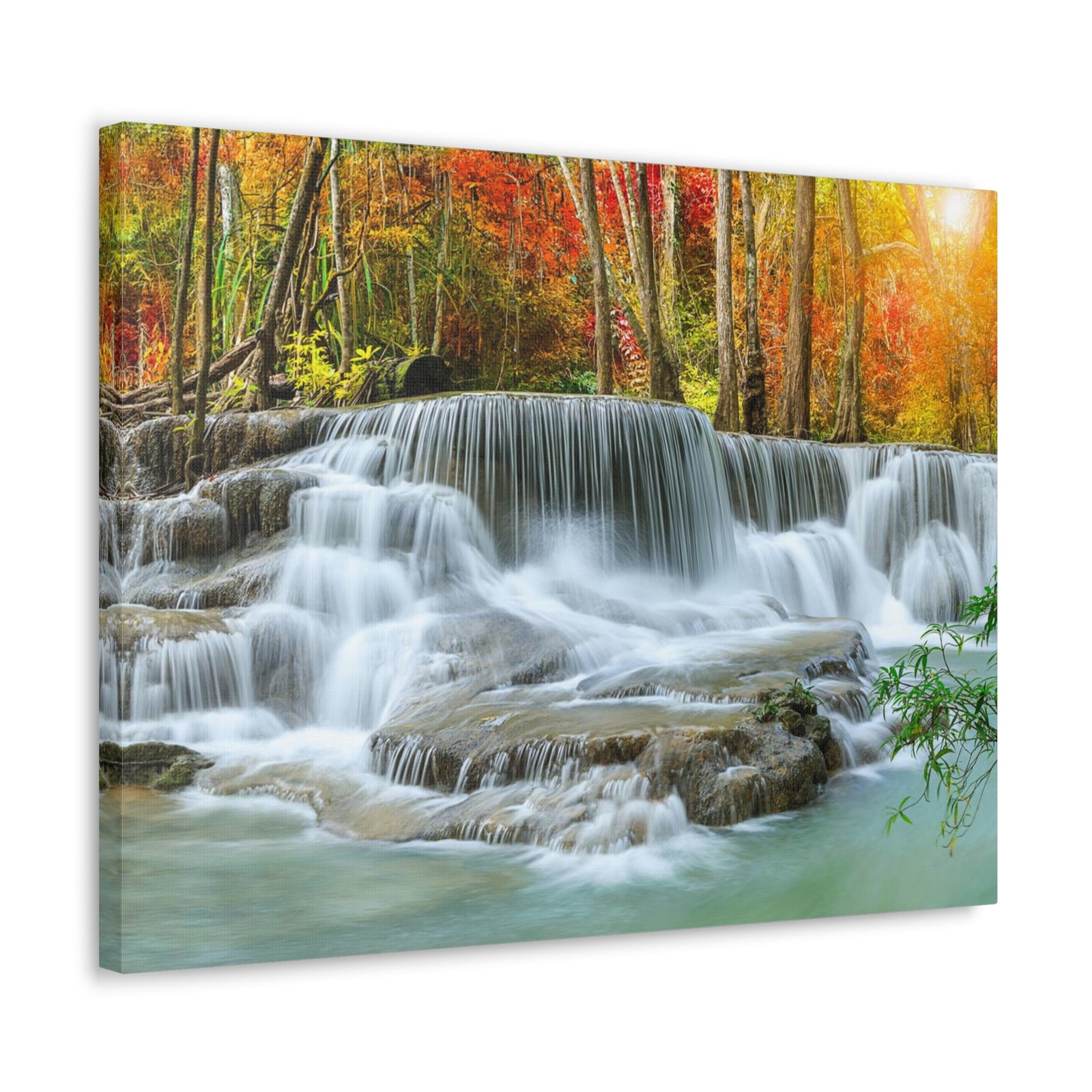 Cascading Autumn Forest Waterfall Nature Wilderness Photography Canvas Wall Art for Home Decor Ready-to-Hang-Express Your Love Gifts